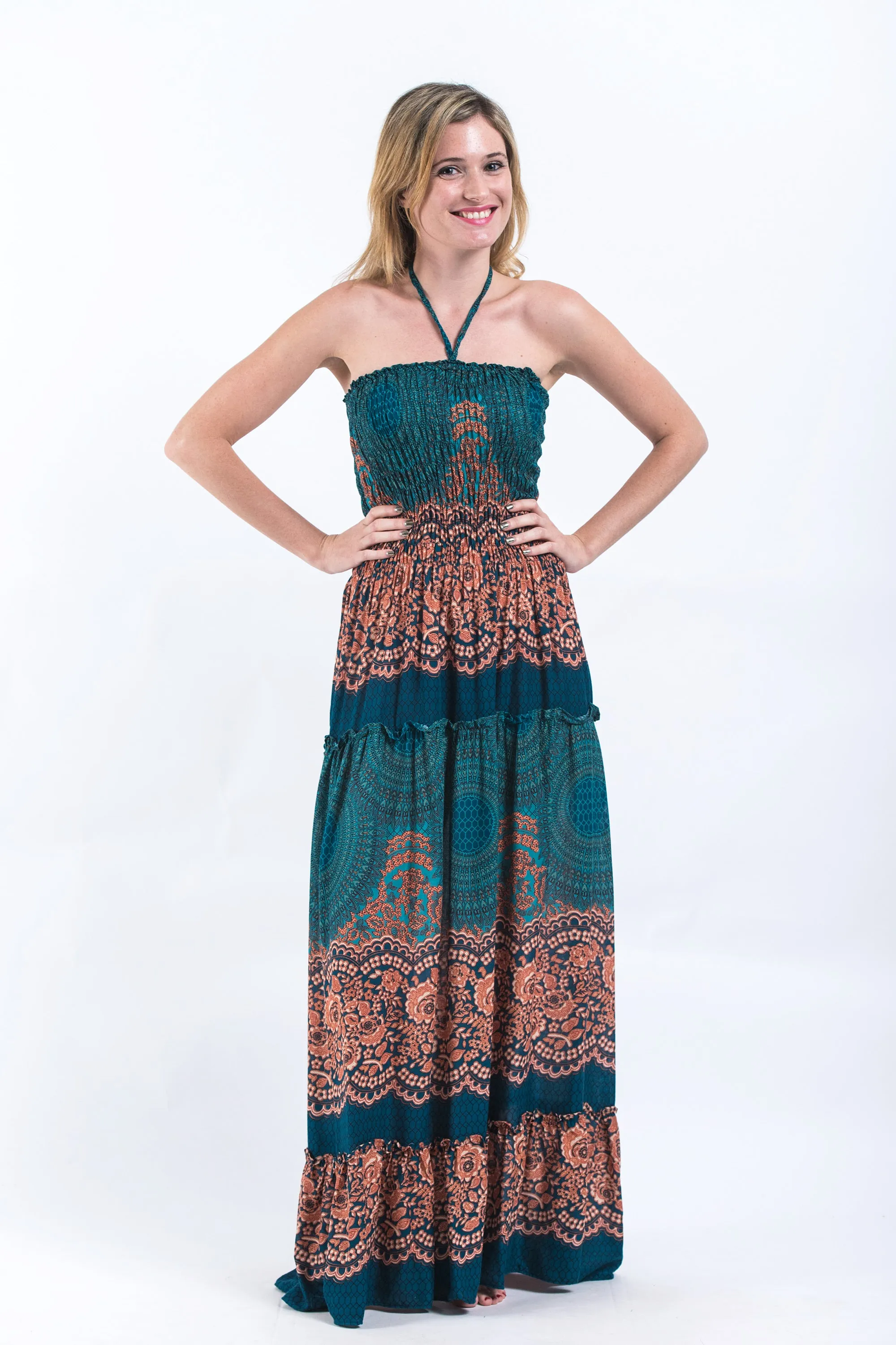 Geometric Mandalas Smocked Bandeau Maxi Dress in Turquoise