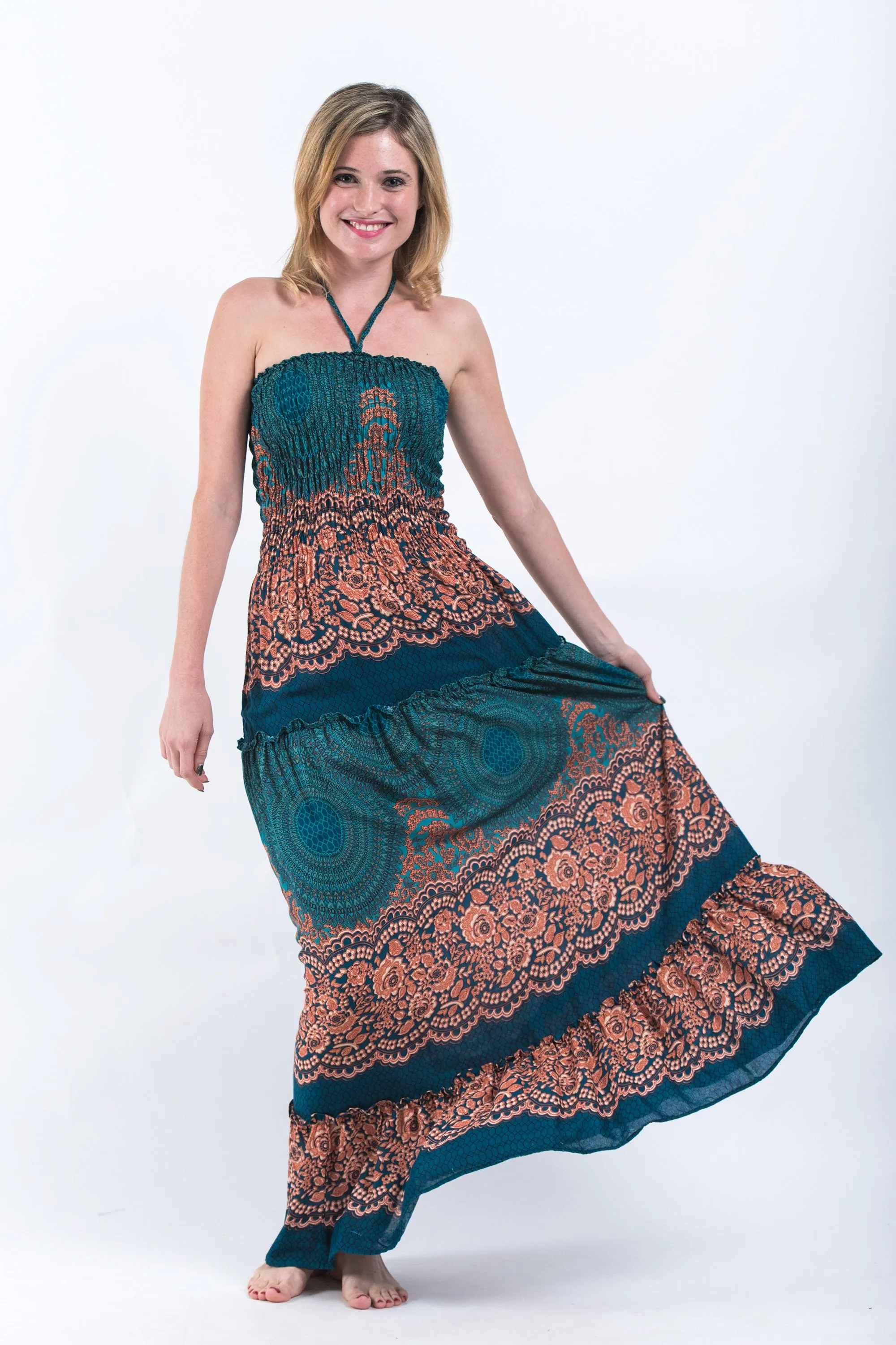 Geometric Mandalas Smocked Bandeau Maxi Dress in Turquoise