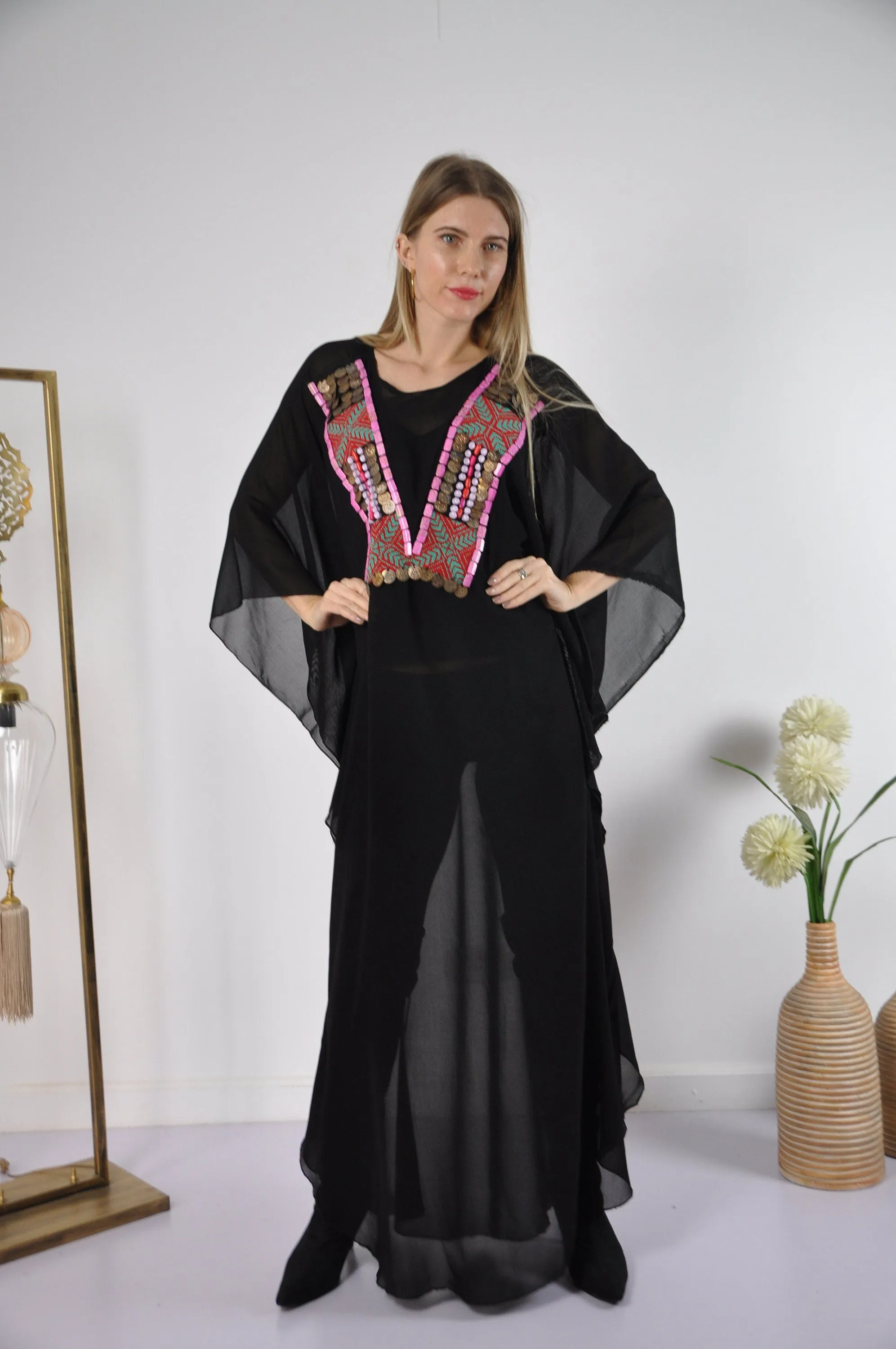 Hand embroidered Chiffon caftan, black vintage embroidered caftan, chic caftan, Summer Kaftan, Caftans for women, cotton caftan