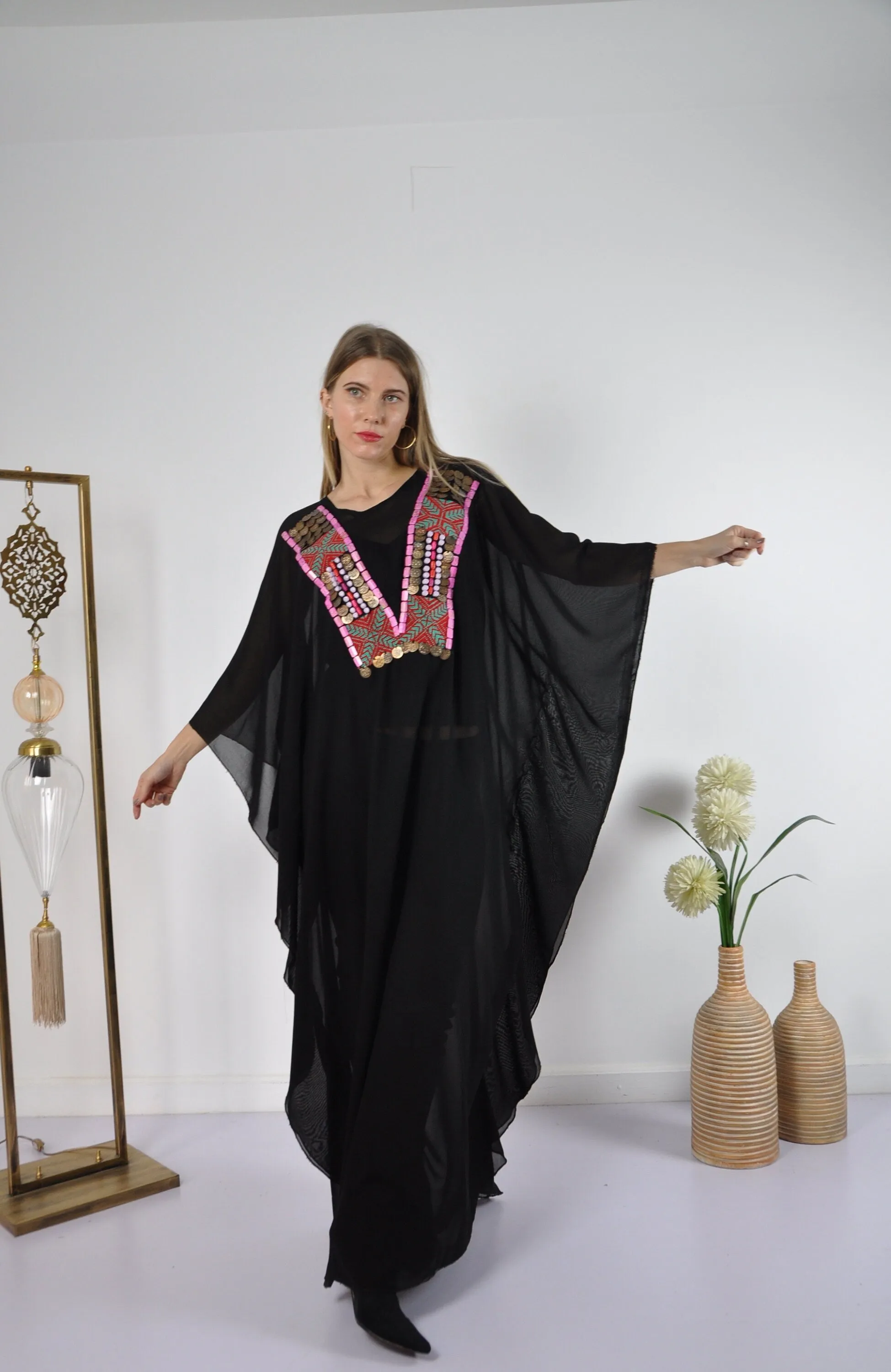 Hand embroidered Chiffon caftan, black vintage embroidered caftan, chic caftan, Summer Kaftan, Caftans for women, cotton caftan