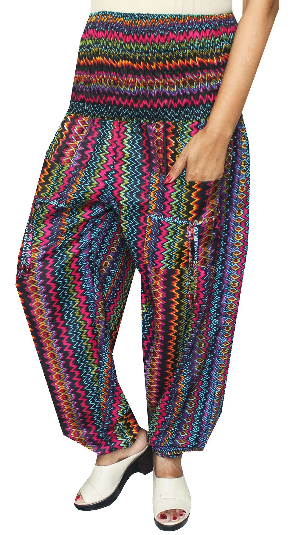 Harem Pants Womens Smocked Waist Hippie Rayon (Multicolour)