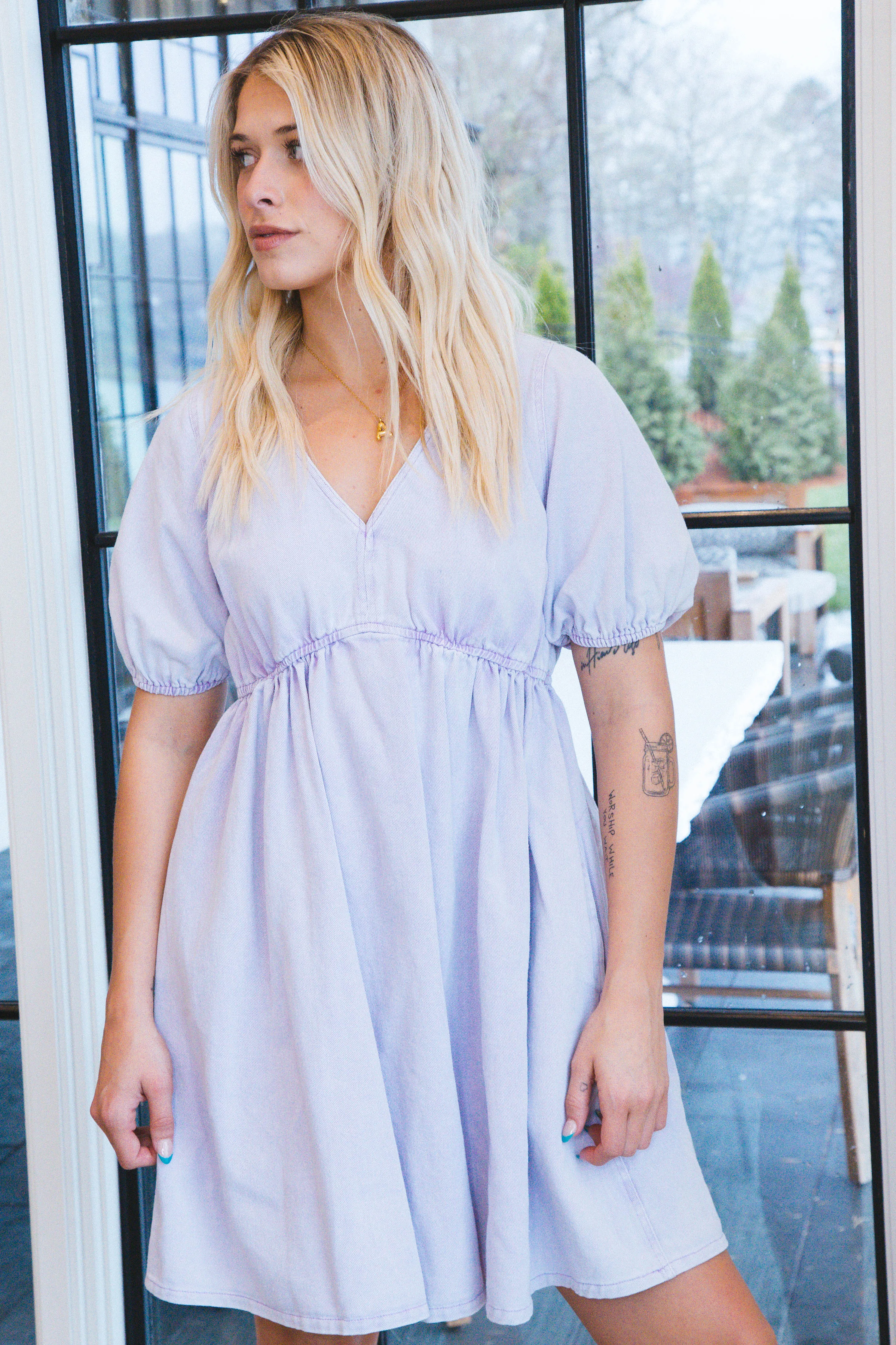 Kylie Elastic Waist Denim Dress, Lilac