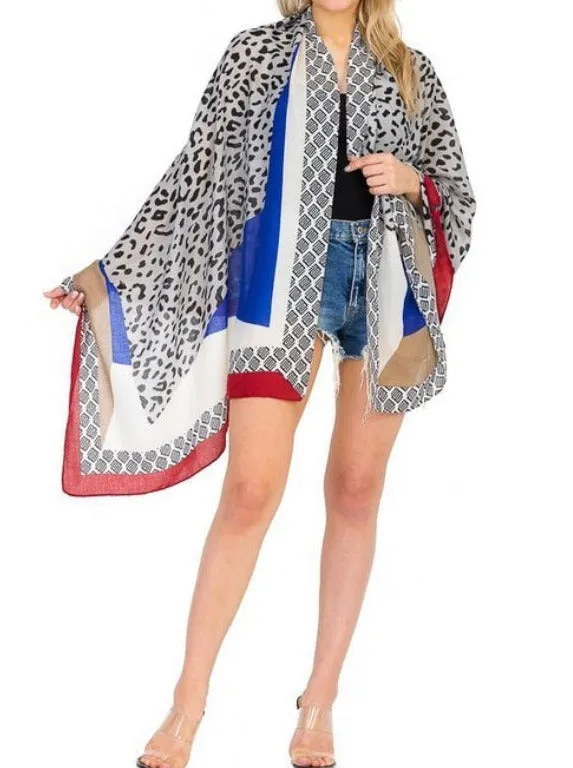 LEOPARD COMBINATION PATTERNED STRIPED SCARVE KIMONO