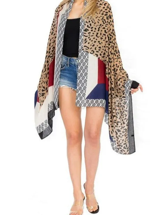 LEOPARD COMBINATION PATTERNED STRIPED SCARVE KIMONO