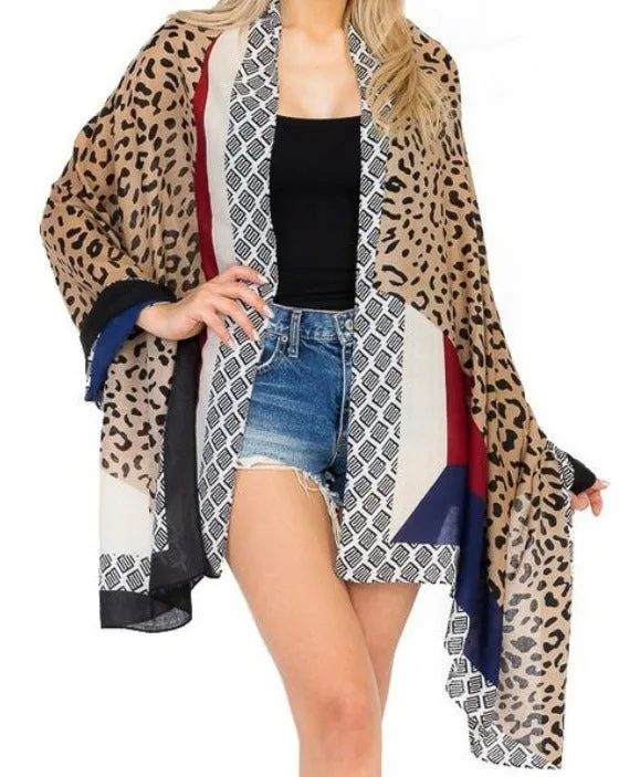 LEOPARD COMBINATION PATTERNED STRIPED SCARVE KIMONO