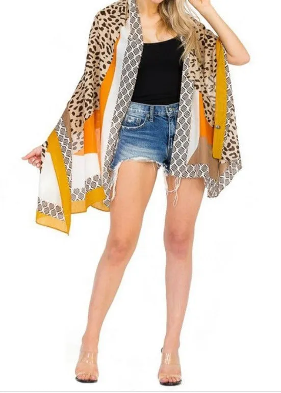 LEOPARD COMBINATION PATTERNED STRIPED SCARVE KIMONO