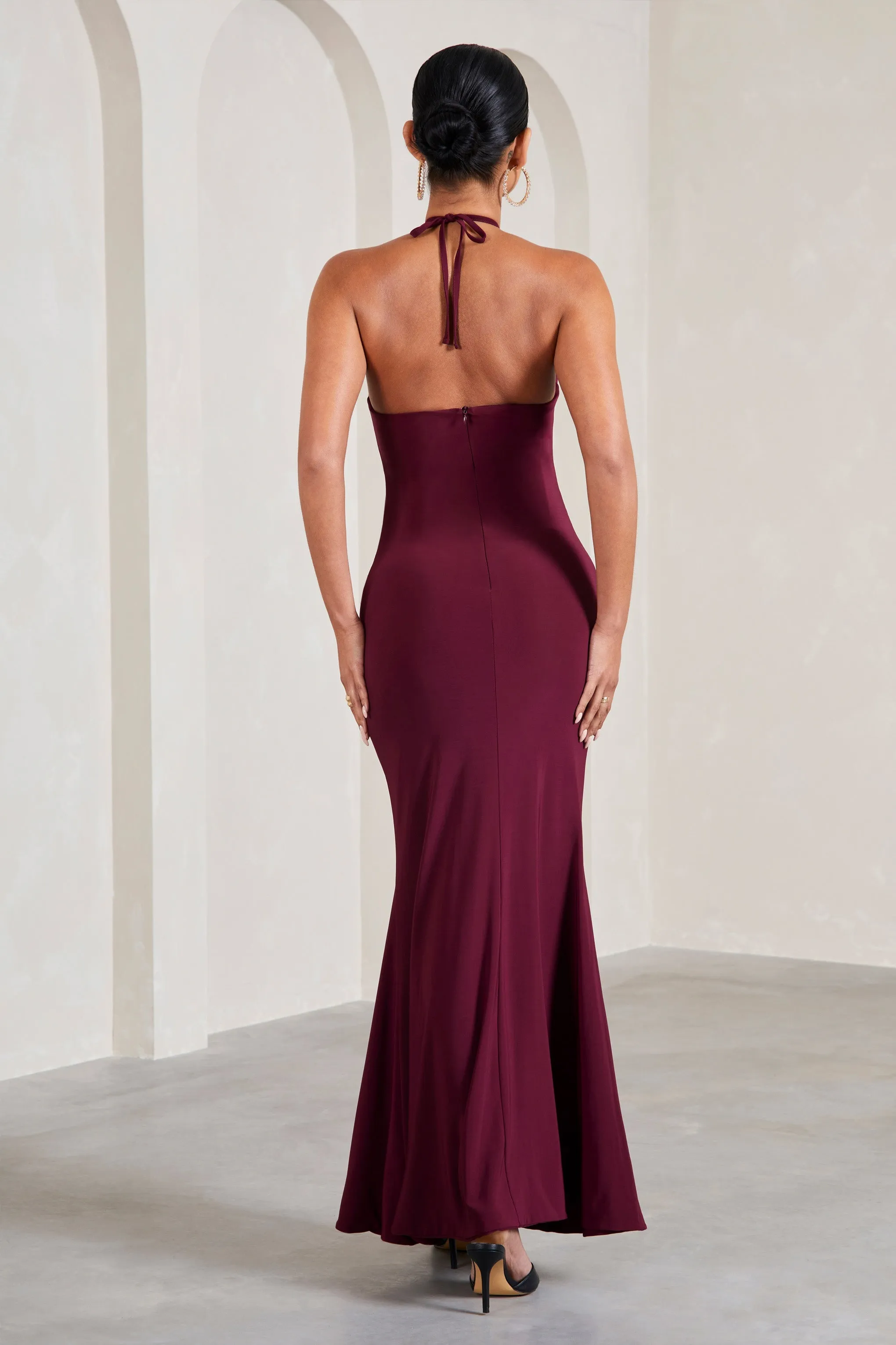 Loving | Burgundy Halter-Neck Maternity Maxi Dress With Flower Corsage