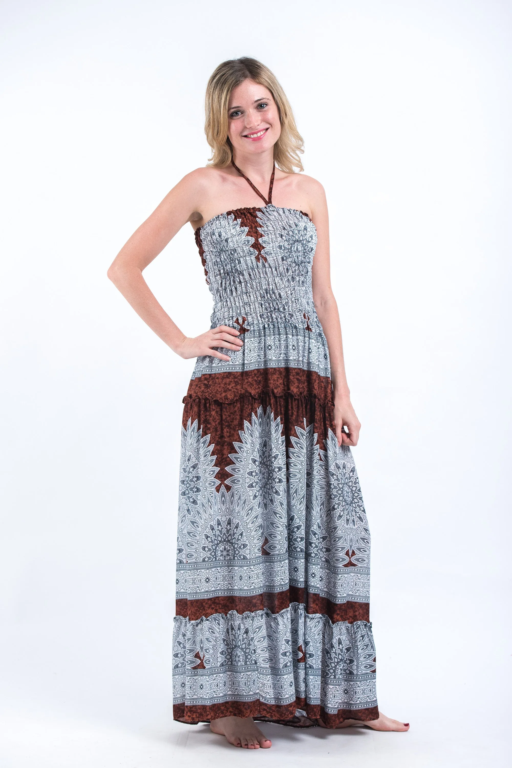 Marble Mandalas Smocked Bandeau Maxi Dress in Brown