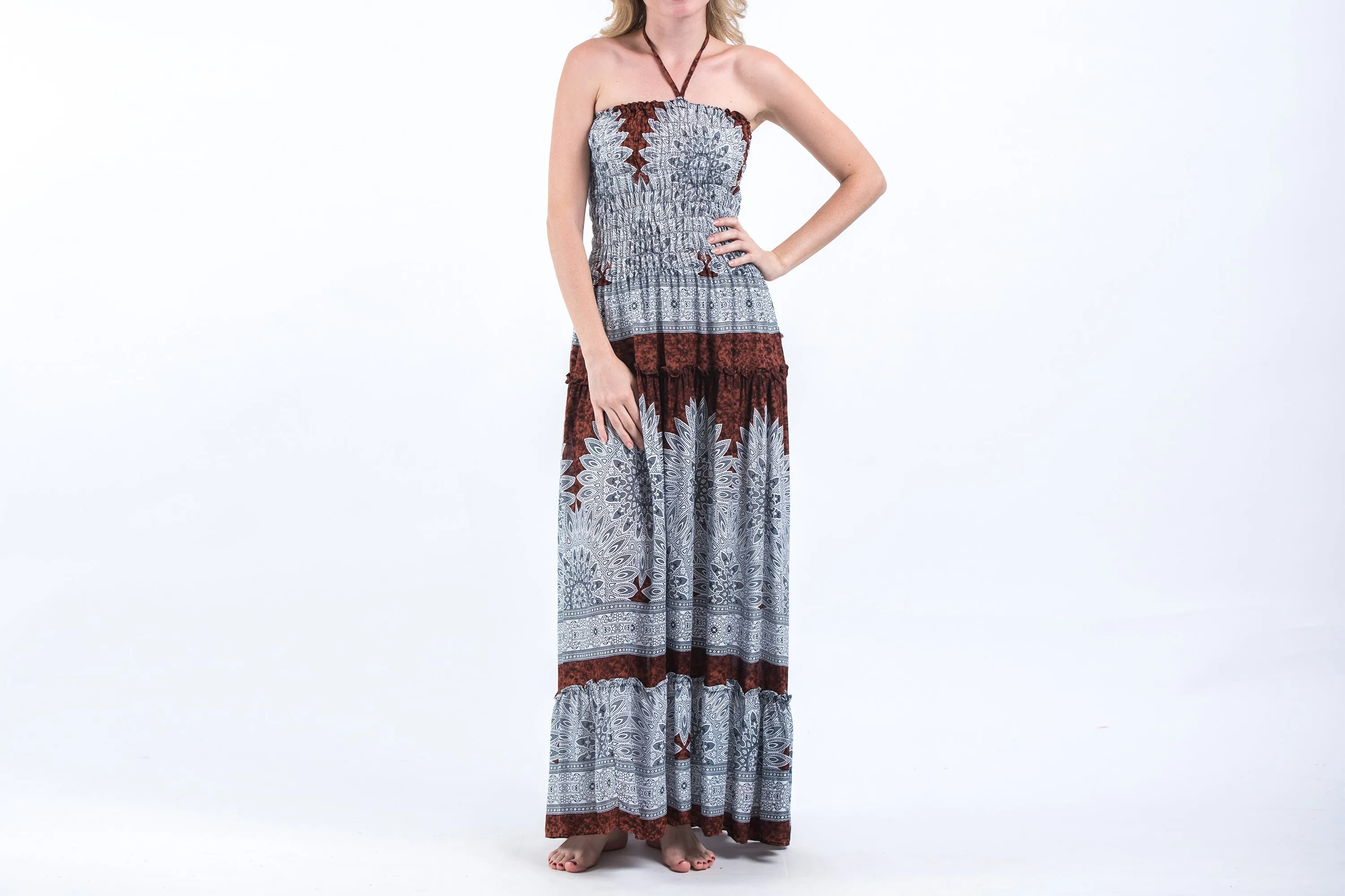 Marble Mandalas Smocked Bandeau Maxi Dress in Brown