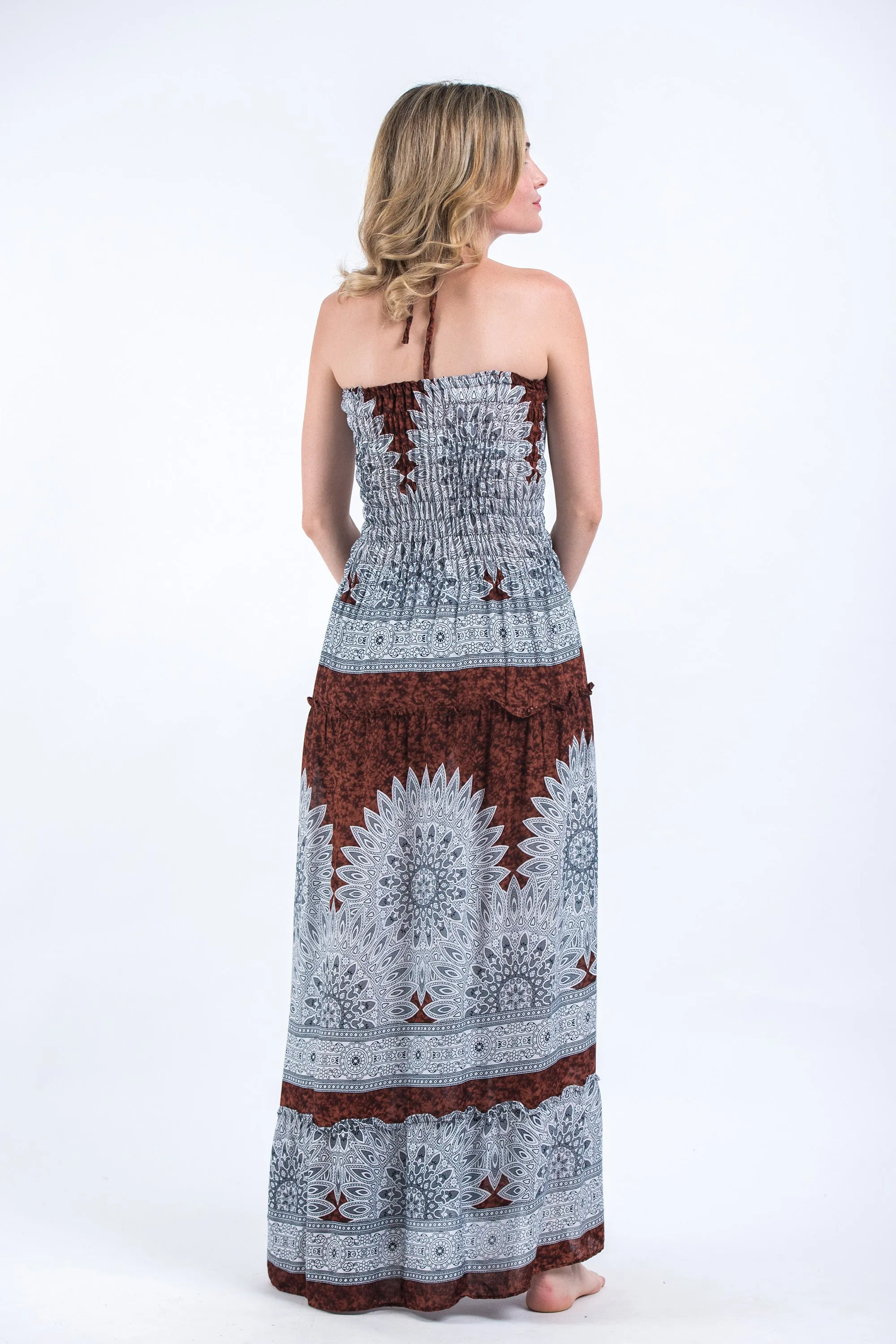 Marble Mandalas Smocked Bandeau Maxi Dress in Brown