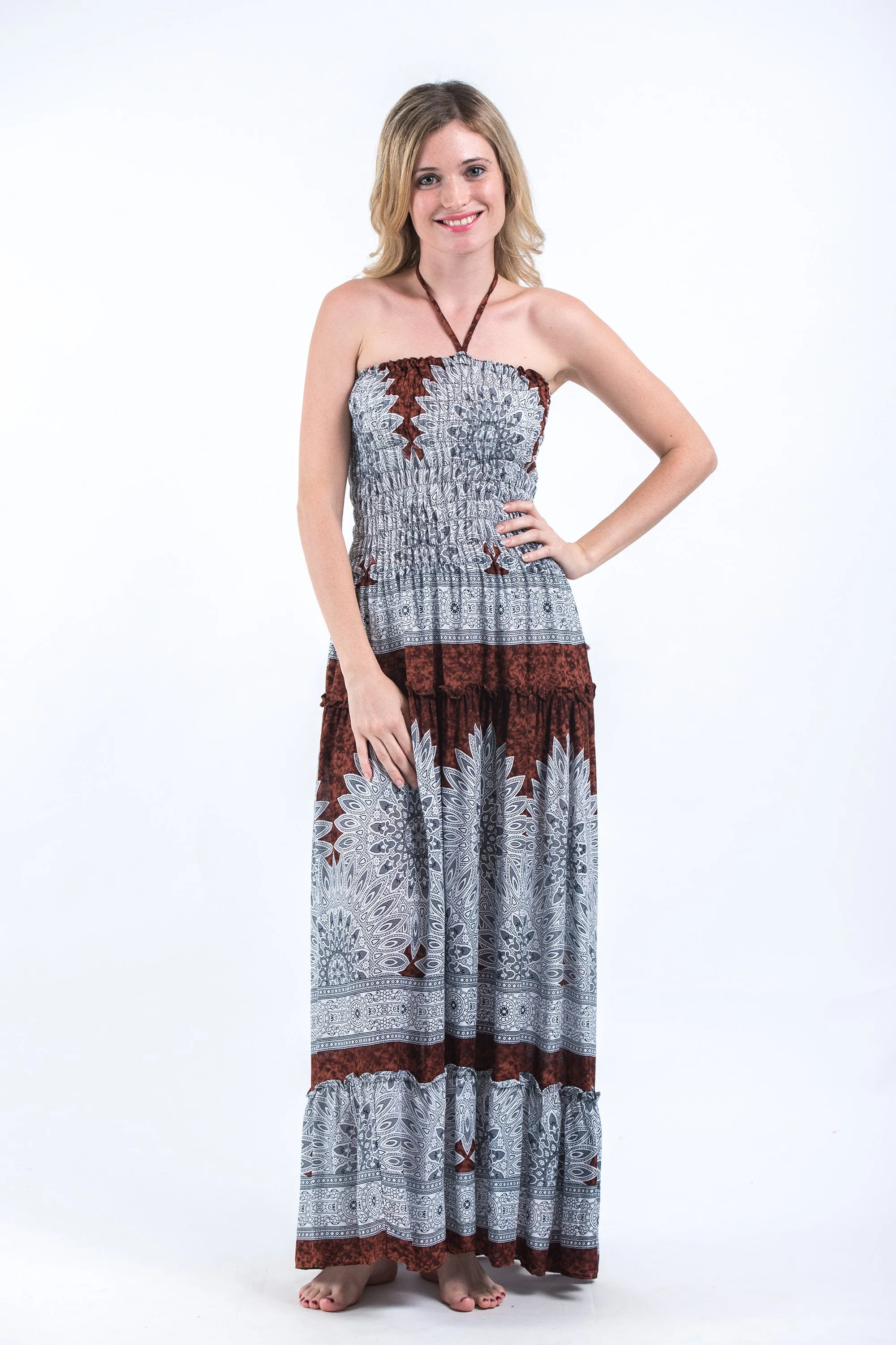 Marble Mandalas Smocked Bandeau Maxi Dress in Brown