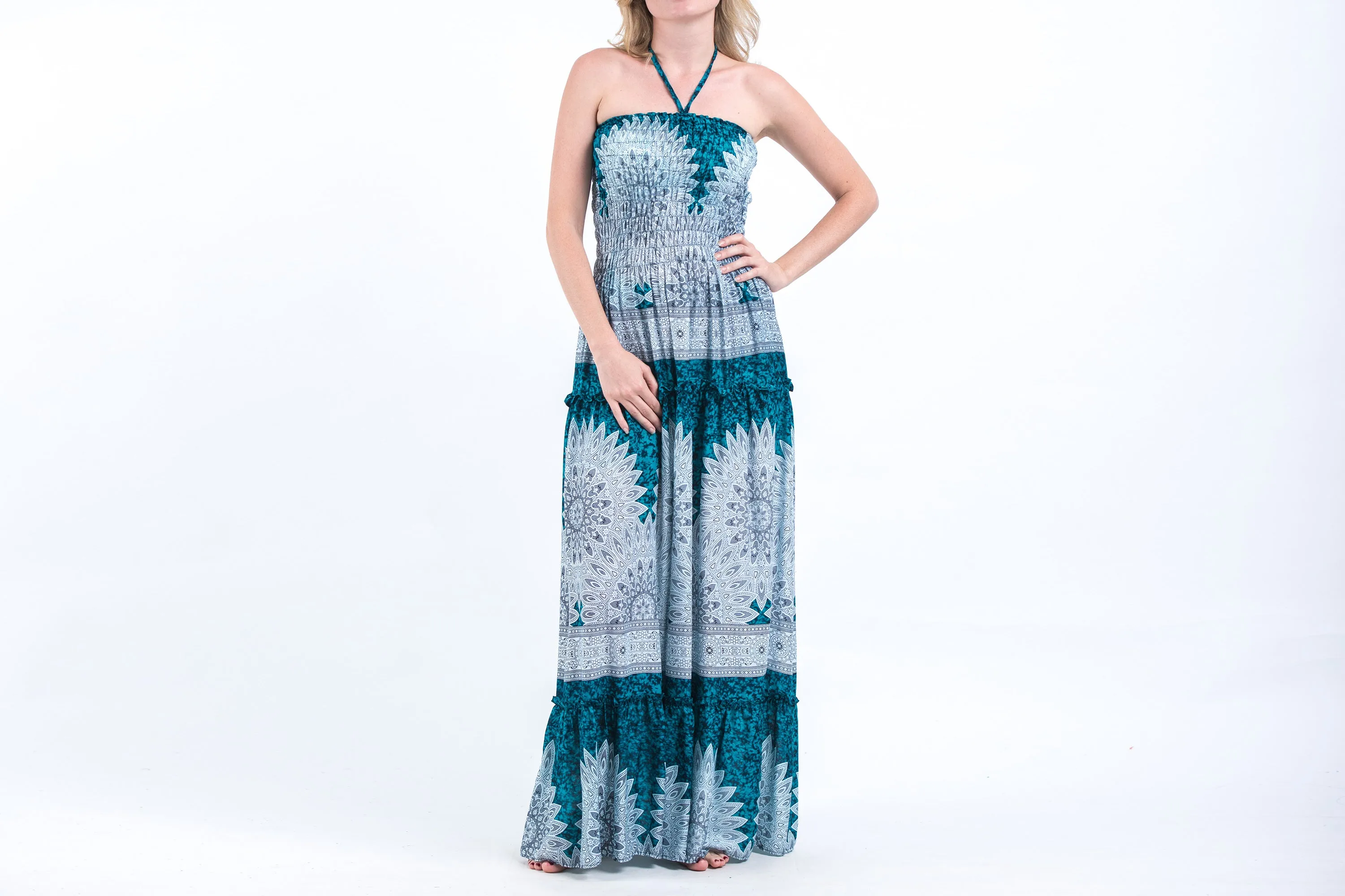 Marble Mandalas Smocked Bandeau Maxi Dress in Turquoise