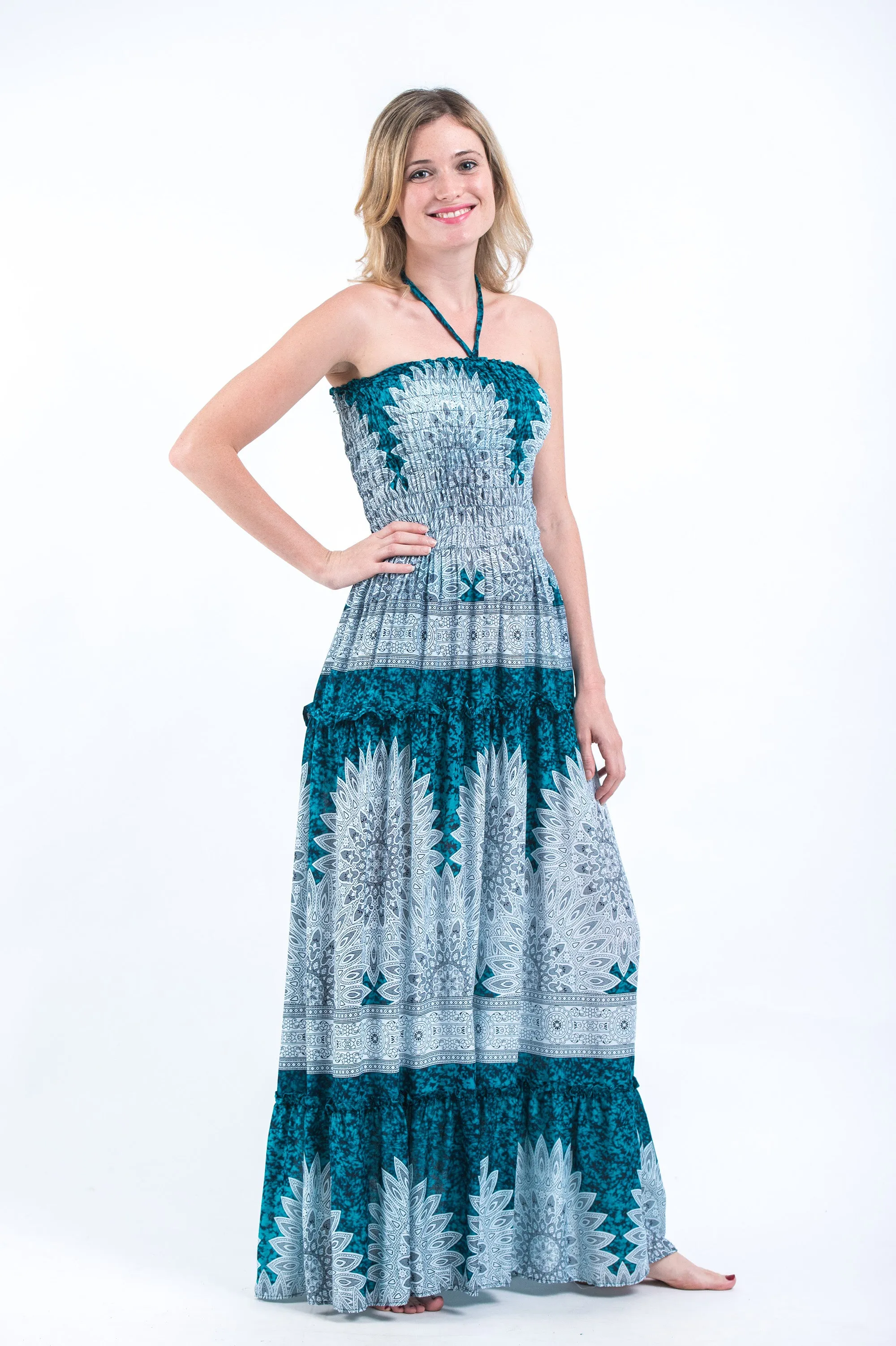 Marble Mandalas Smocked Bandeau Maxi Dress in Turquoise