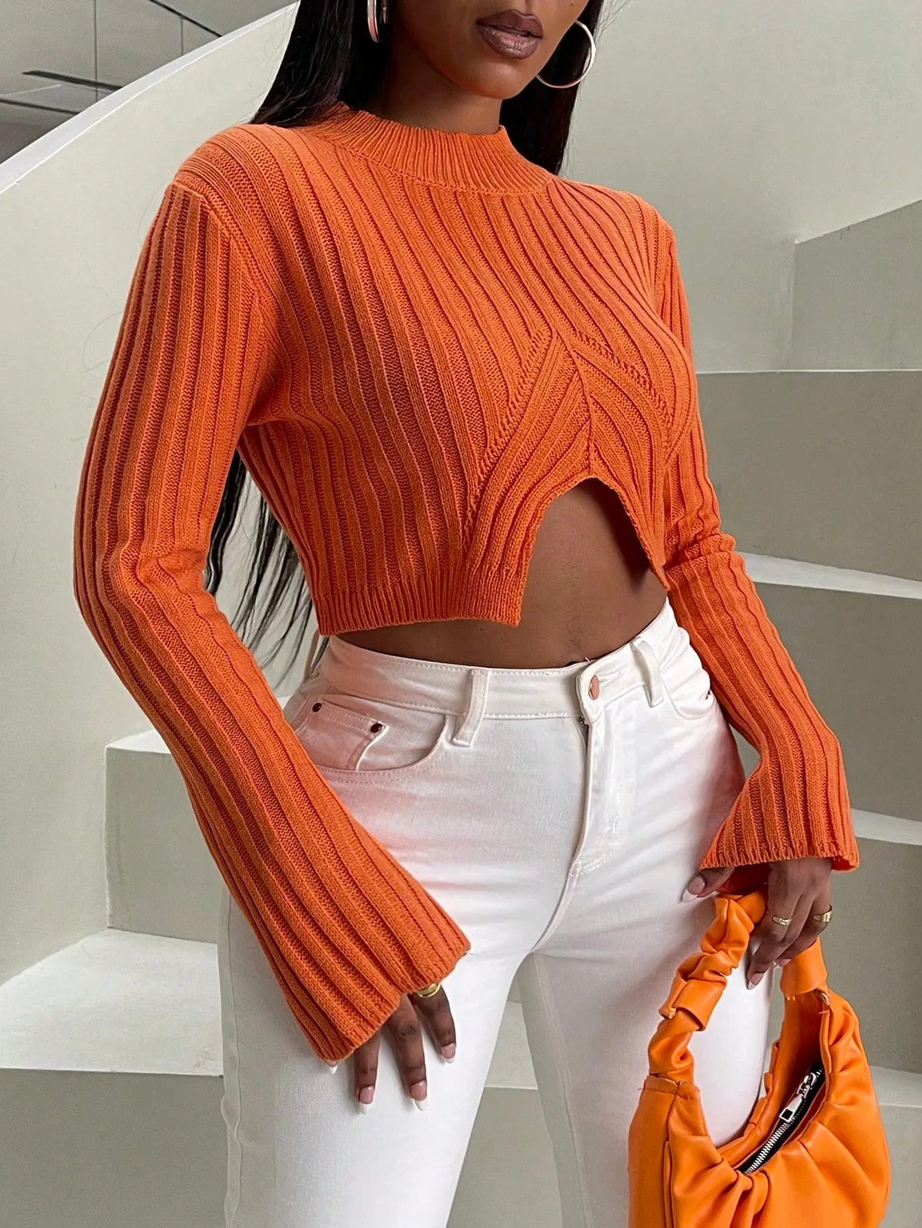 Mock Neck Split Hem Crop Sweater