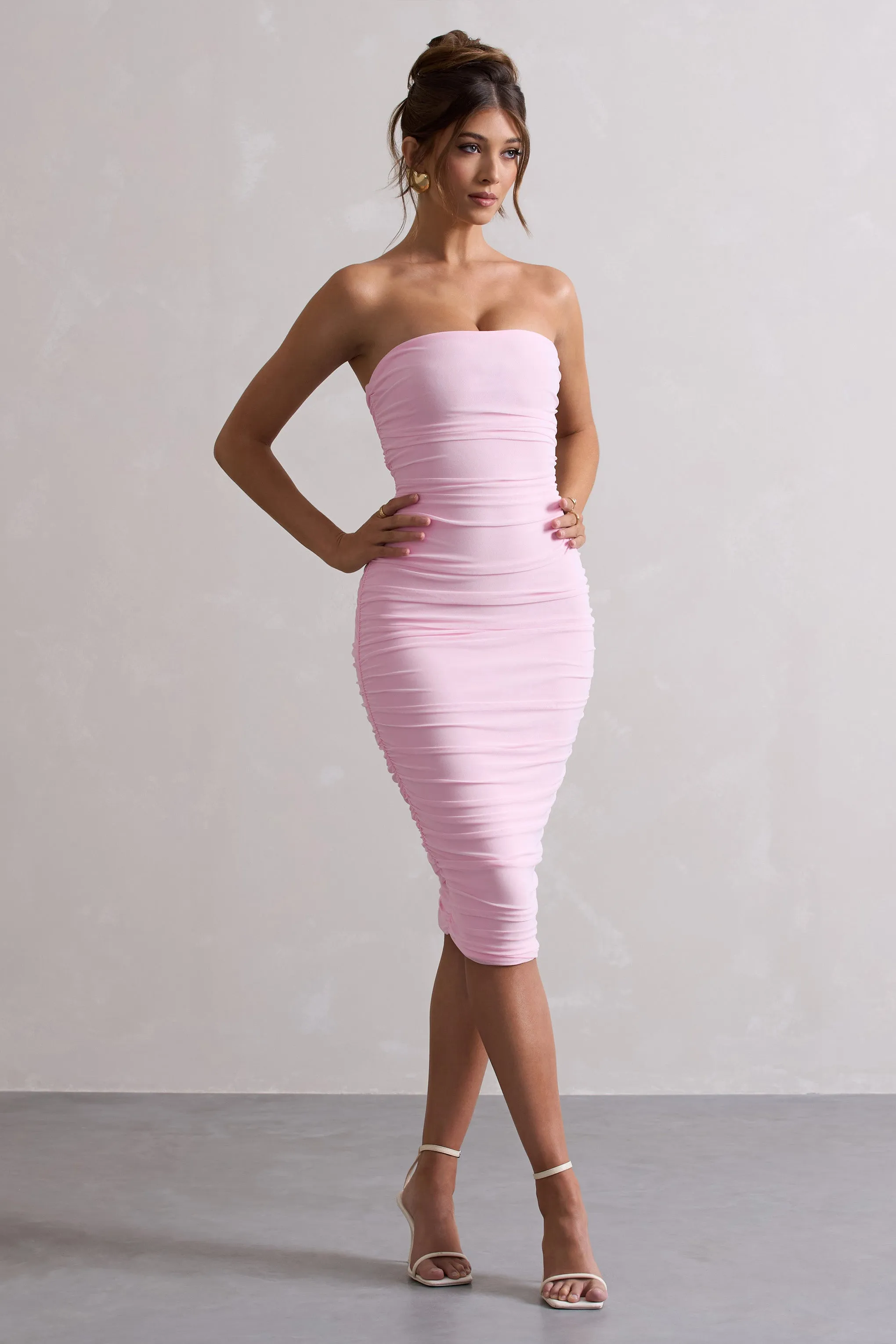 My Girl | Pink Strapless Bodycon Ruched Mesh Midi Dress