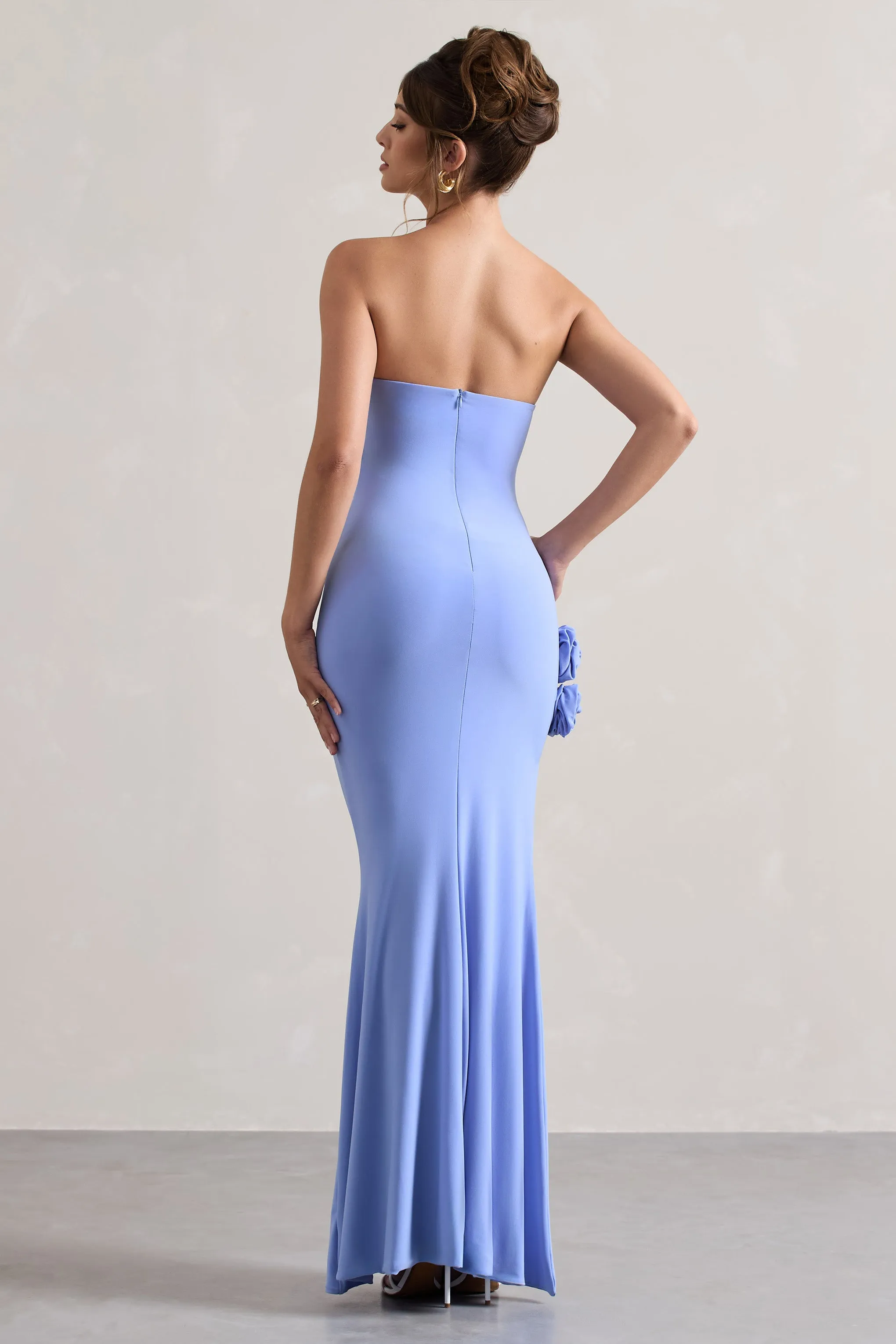 My Muse | Blue Ruched Bandeau Split Maxi Dress With Flowers