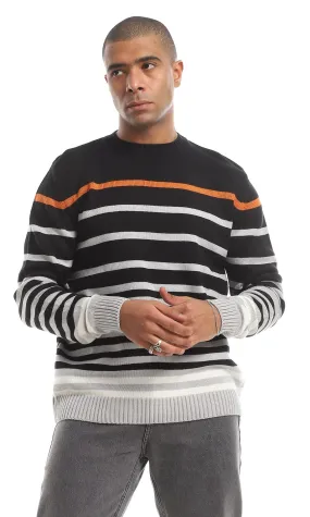 O160322 Striped Slip On Round Neck Pullover - Black & Grey