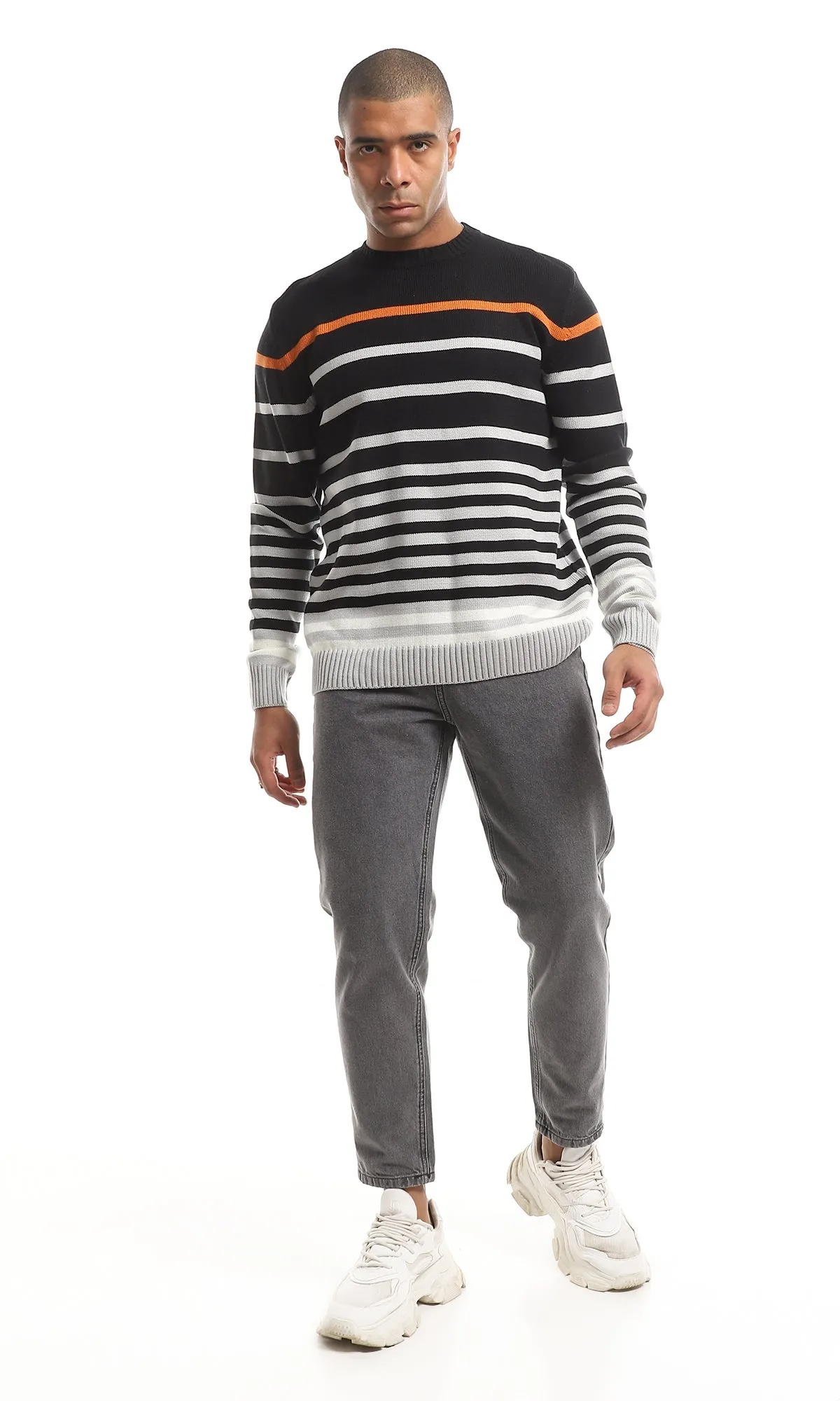 O160322 Striped Slip On Round Neck Pullover - Black & Grey