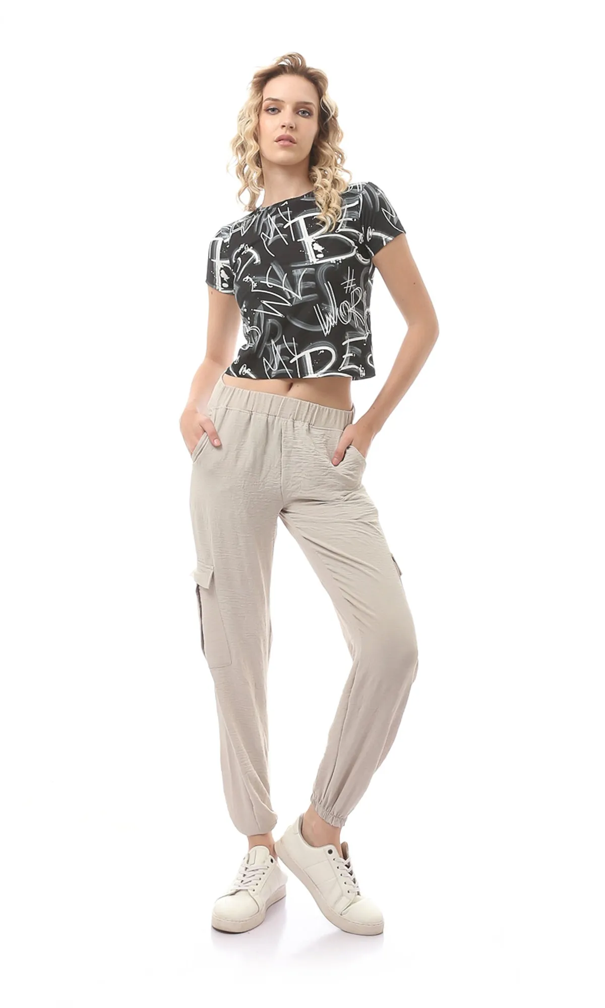 O170596 Beige Comfy Elastic Waist With Hem Trousers