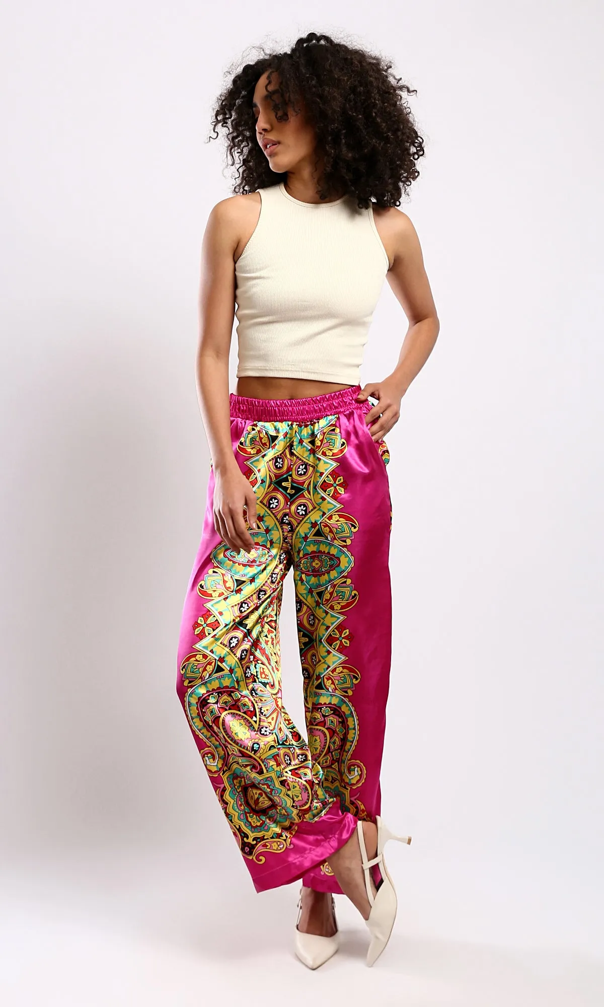 O179130 Shiny Fuchsia & Yellow Evening Wide-Leg Pants