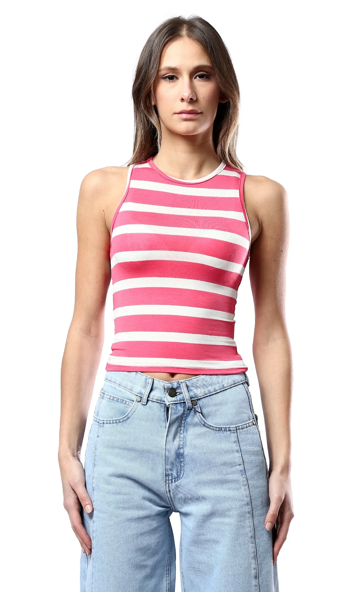 O179136 Bi-Tone Striped Hot Pink & White Tank Top