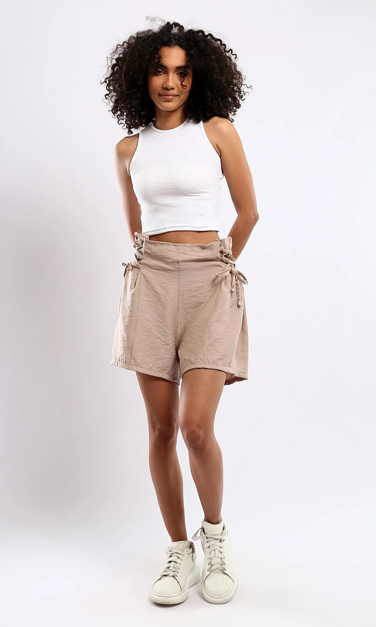 O179828 Textured Coffee Wide Shorts With Side Lace Up