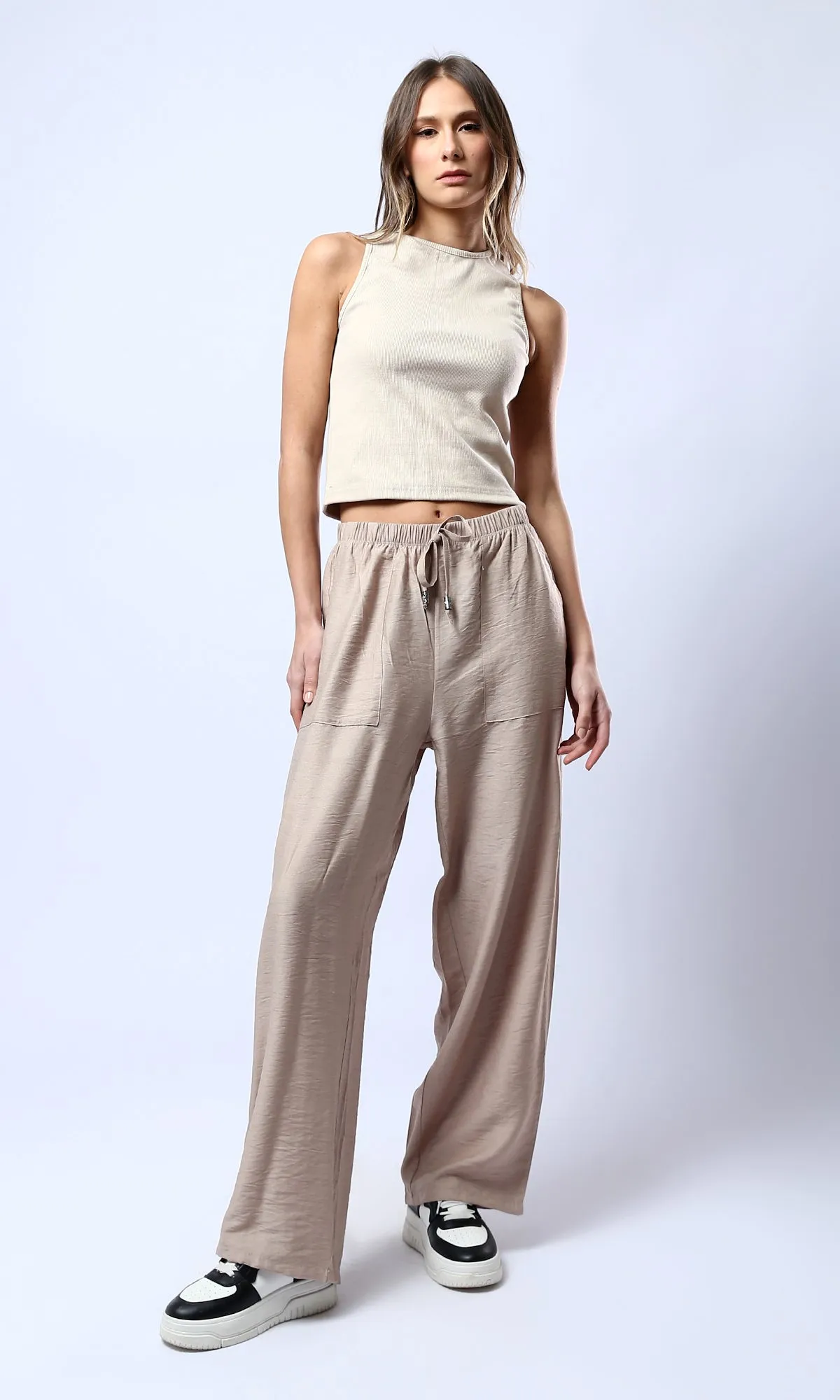 O179836 Light Coffee Fluffy Wide Leg Casual Pants