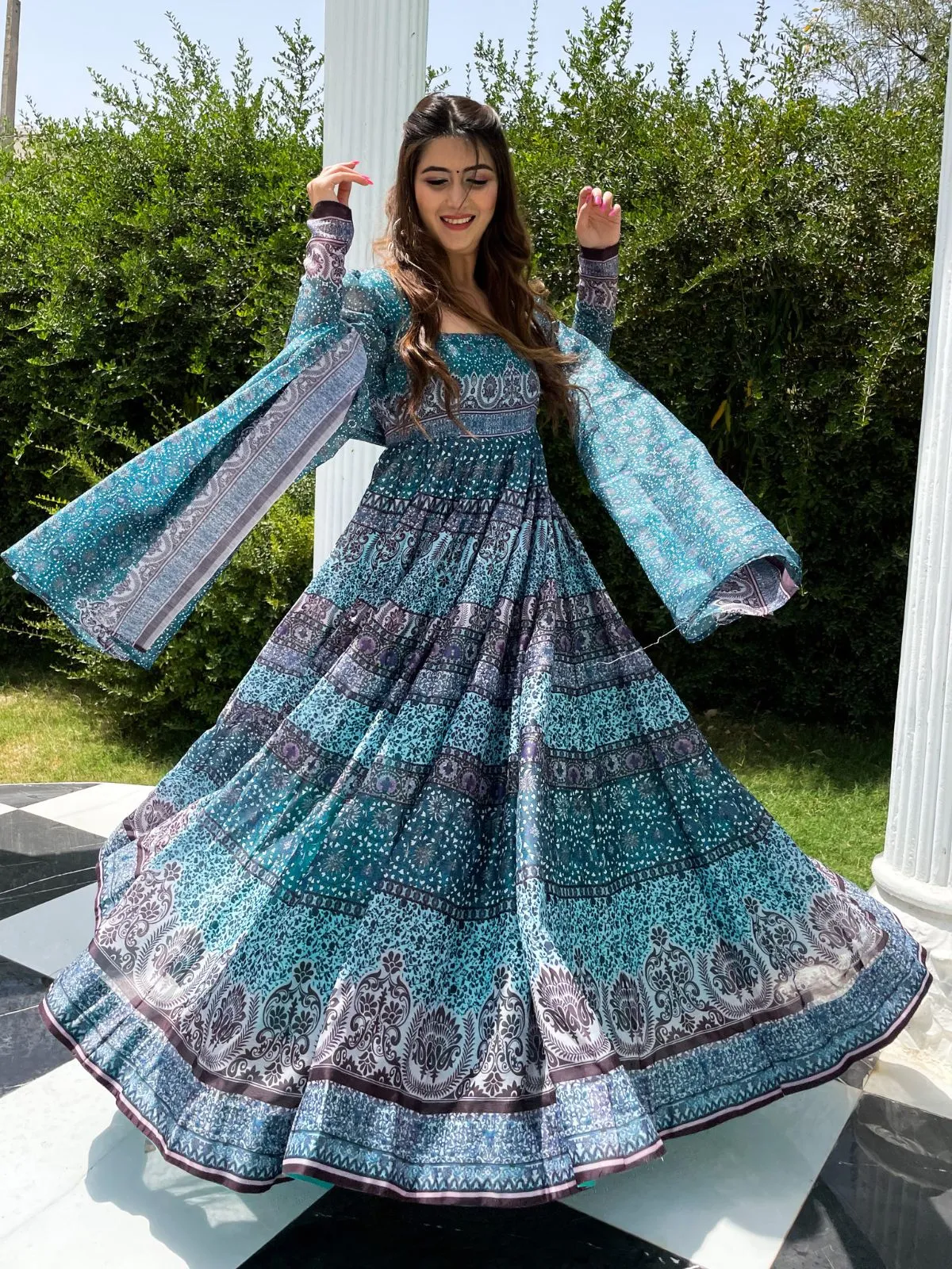 Odette Blue Chanderi  Printed Gown with Dupatta For Women