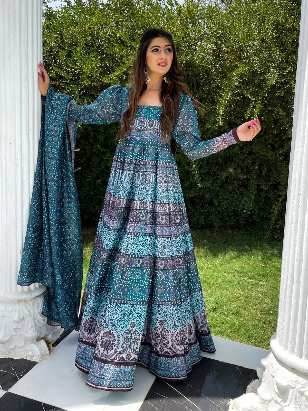 Odette Blue Chanderi  Printed Gown with Dupatta For Women