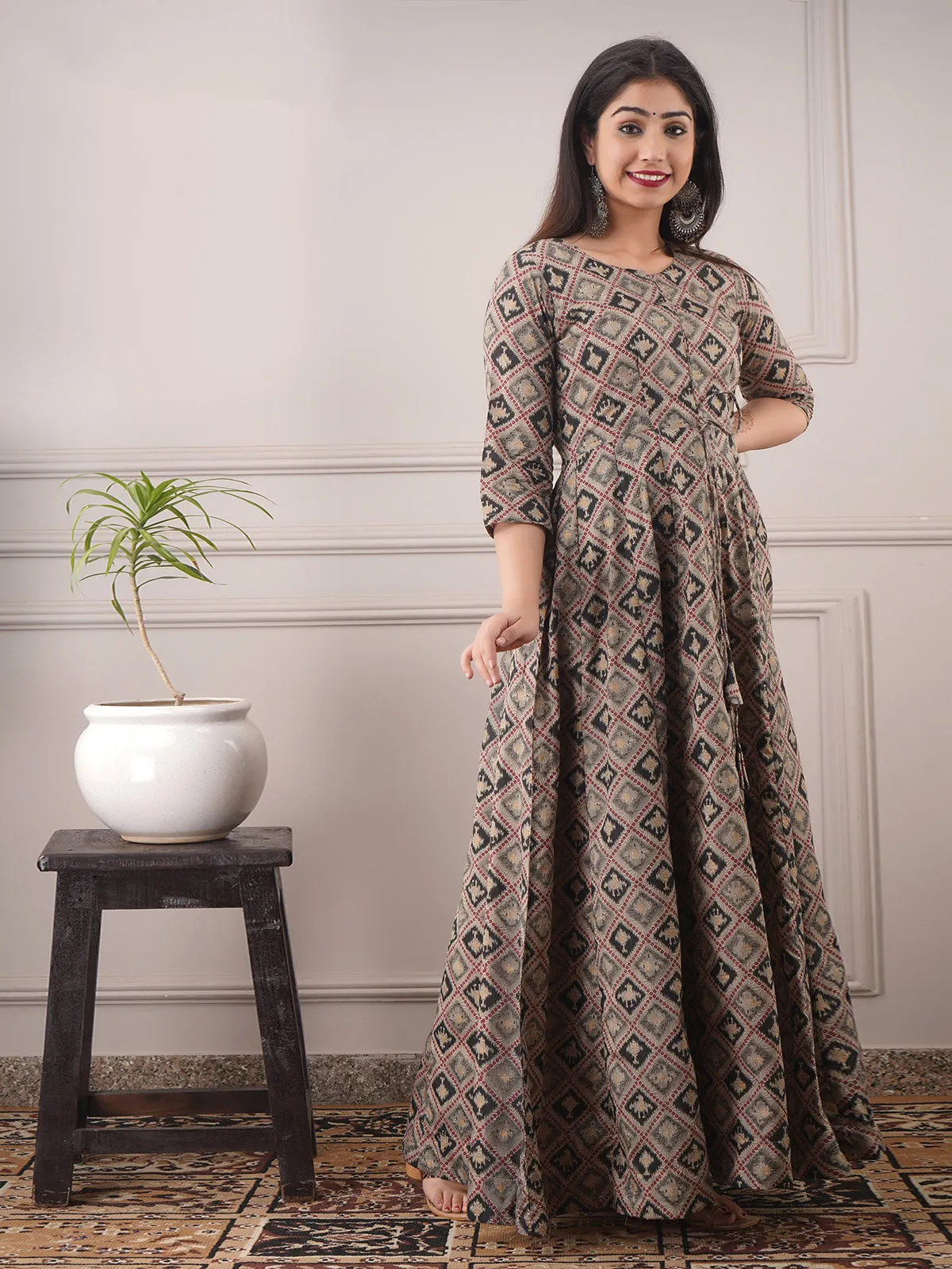 Odette Grey Chanderi Printed Stitched Gown for Women