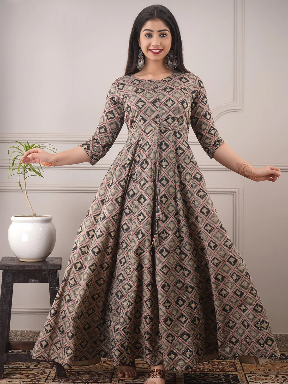 Odette Grey Chanderi Printed Stitched Gown for Women