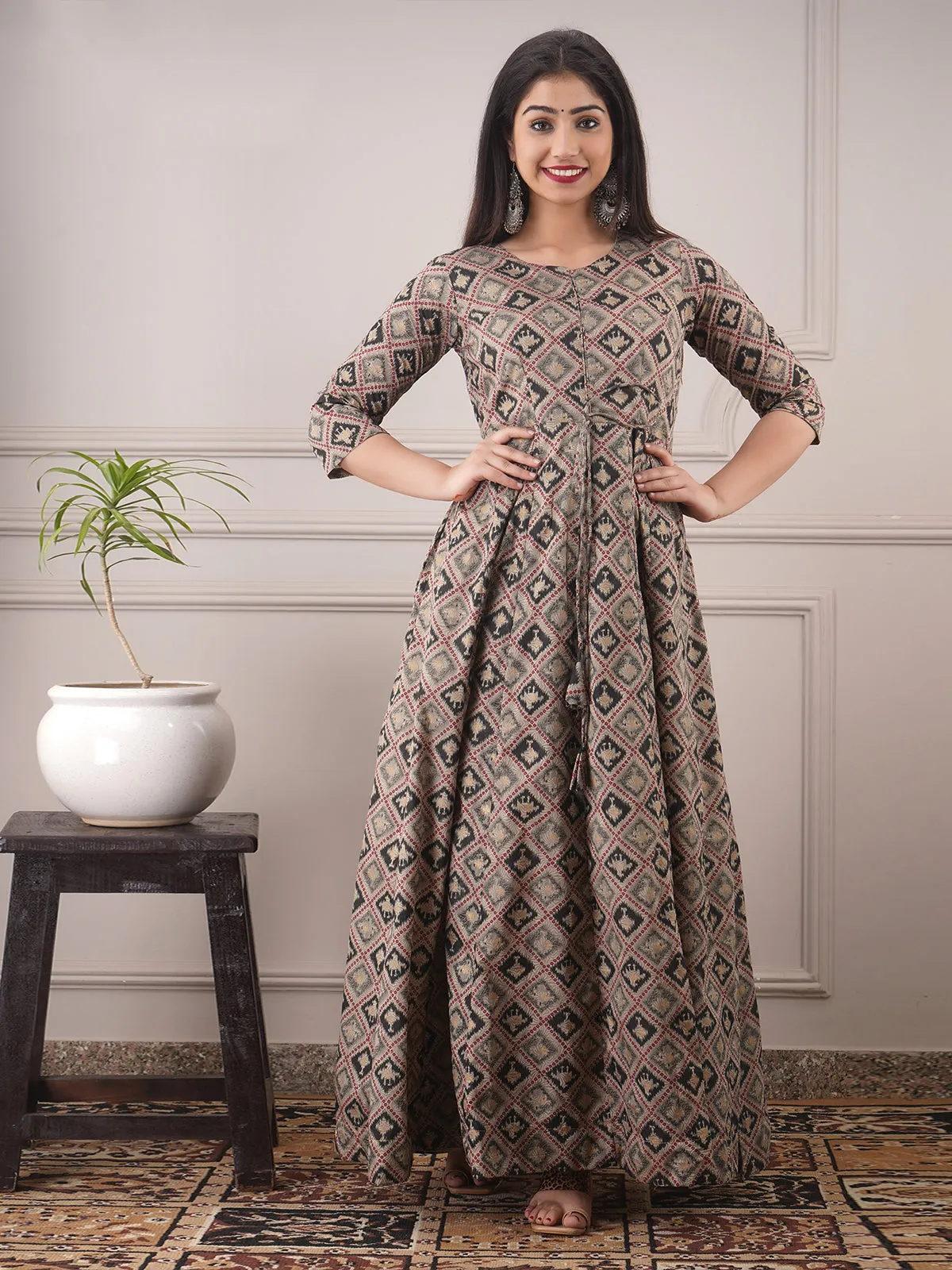 Odette Grey Chanderi Printed Stitched Gown for Women