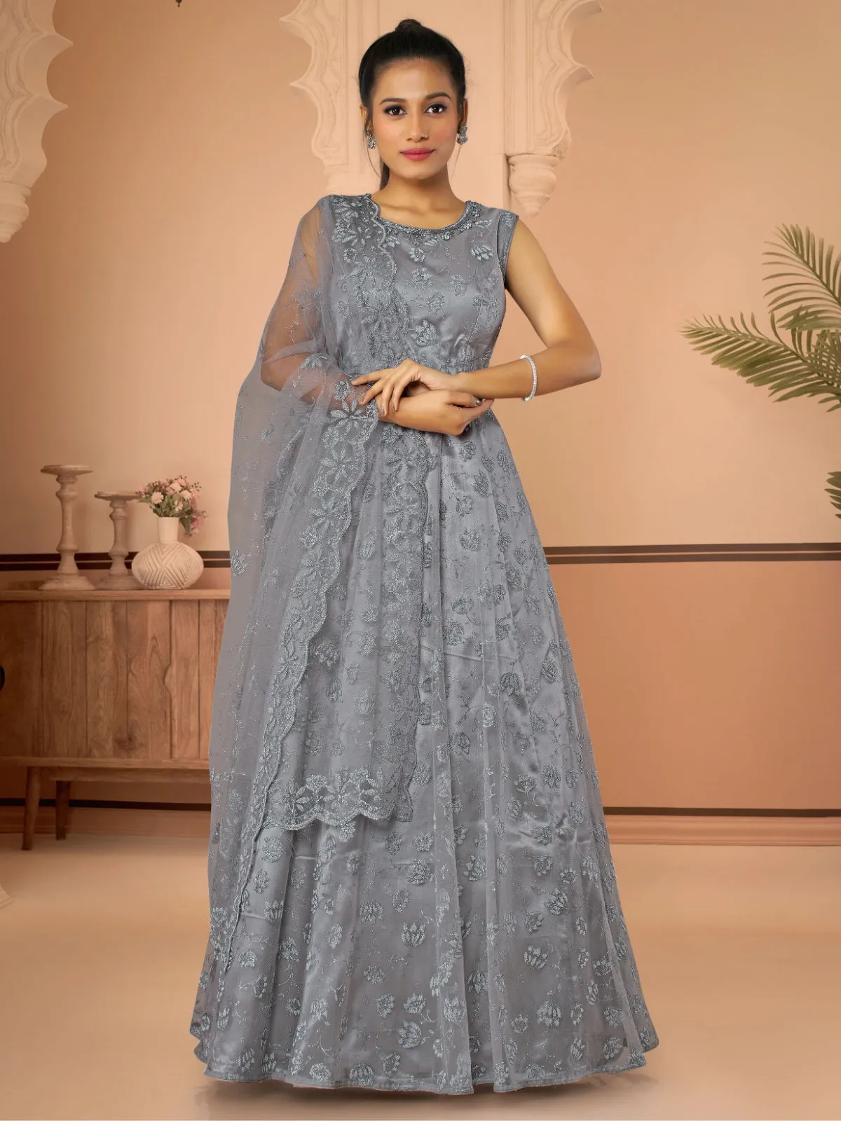 Odette Grey Net  Embroidered Stitched Gown  for Women