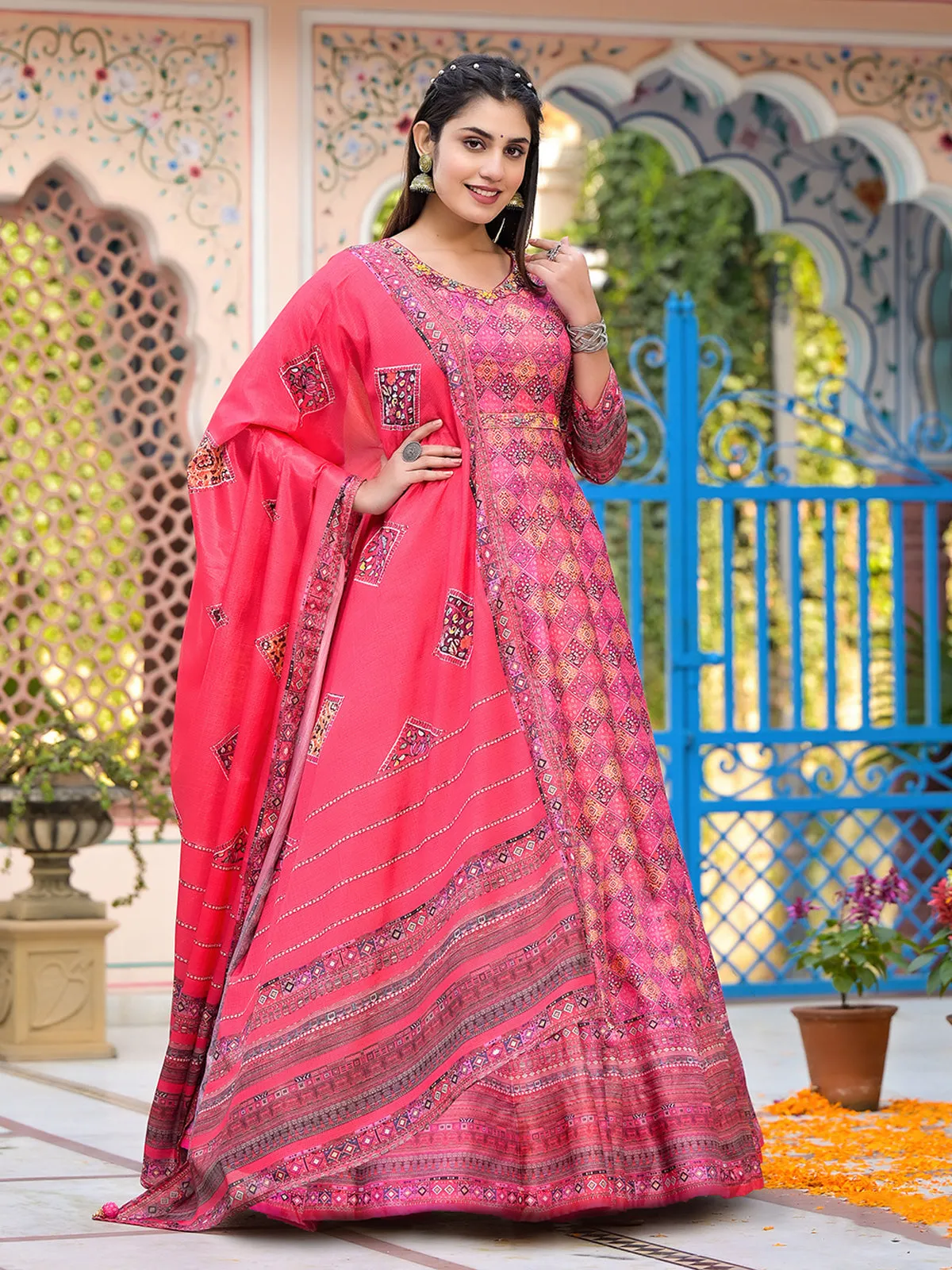 Odette Pink Silk Stitched Gown with Dupatta For Women