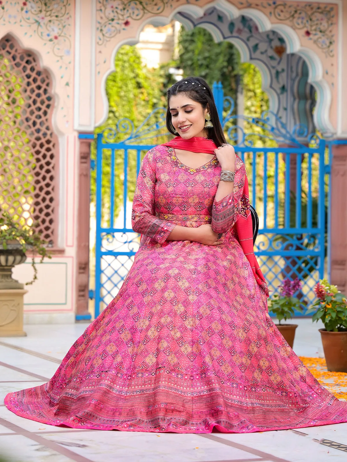 Odette Pink Silk Stitched Gown with Dupatta For Women