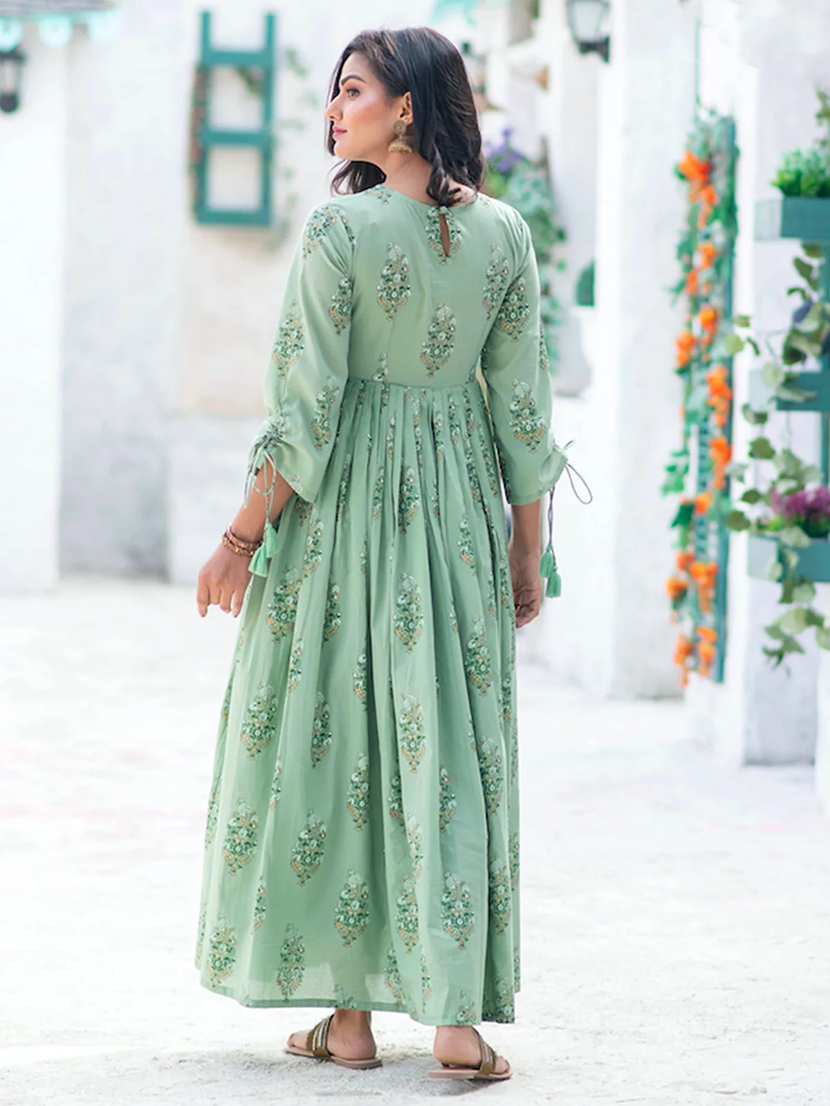 Odette Sea Green Muslin Printed Stitched Gown for Women