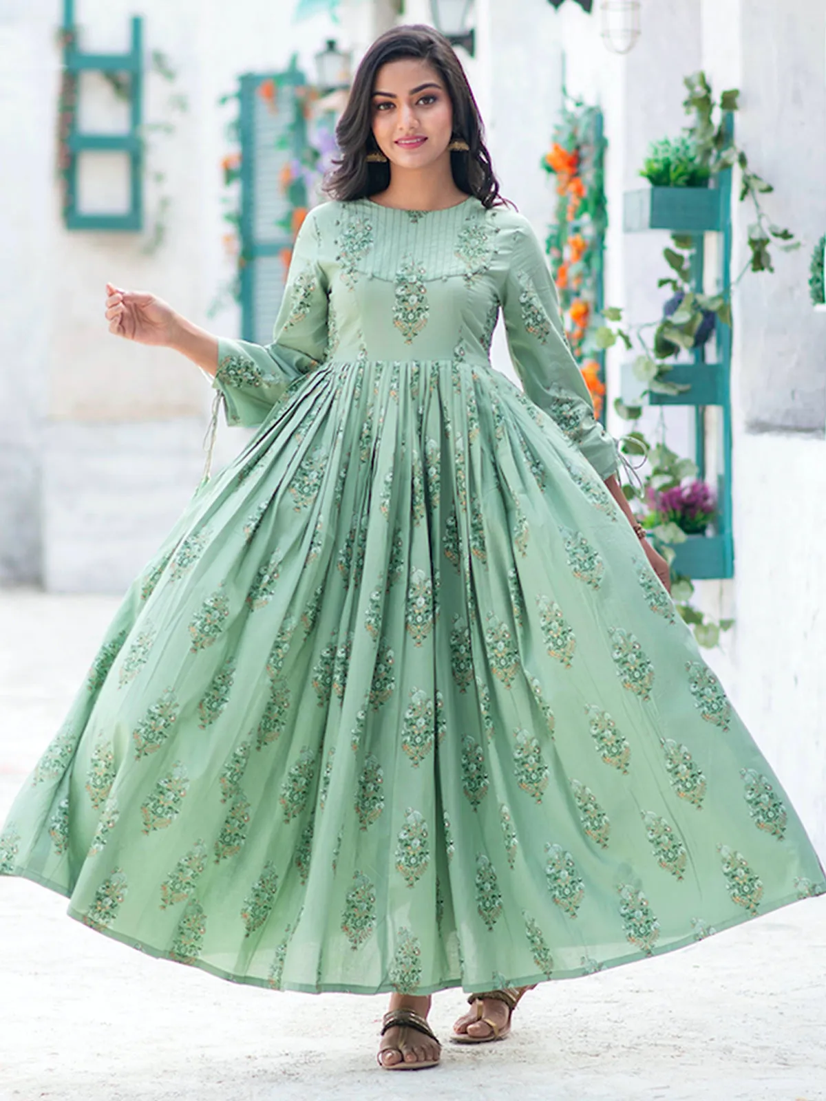 Odette Sea Green Muslin Printed Stitched Gown for Women