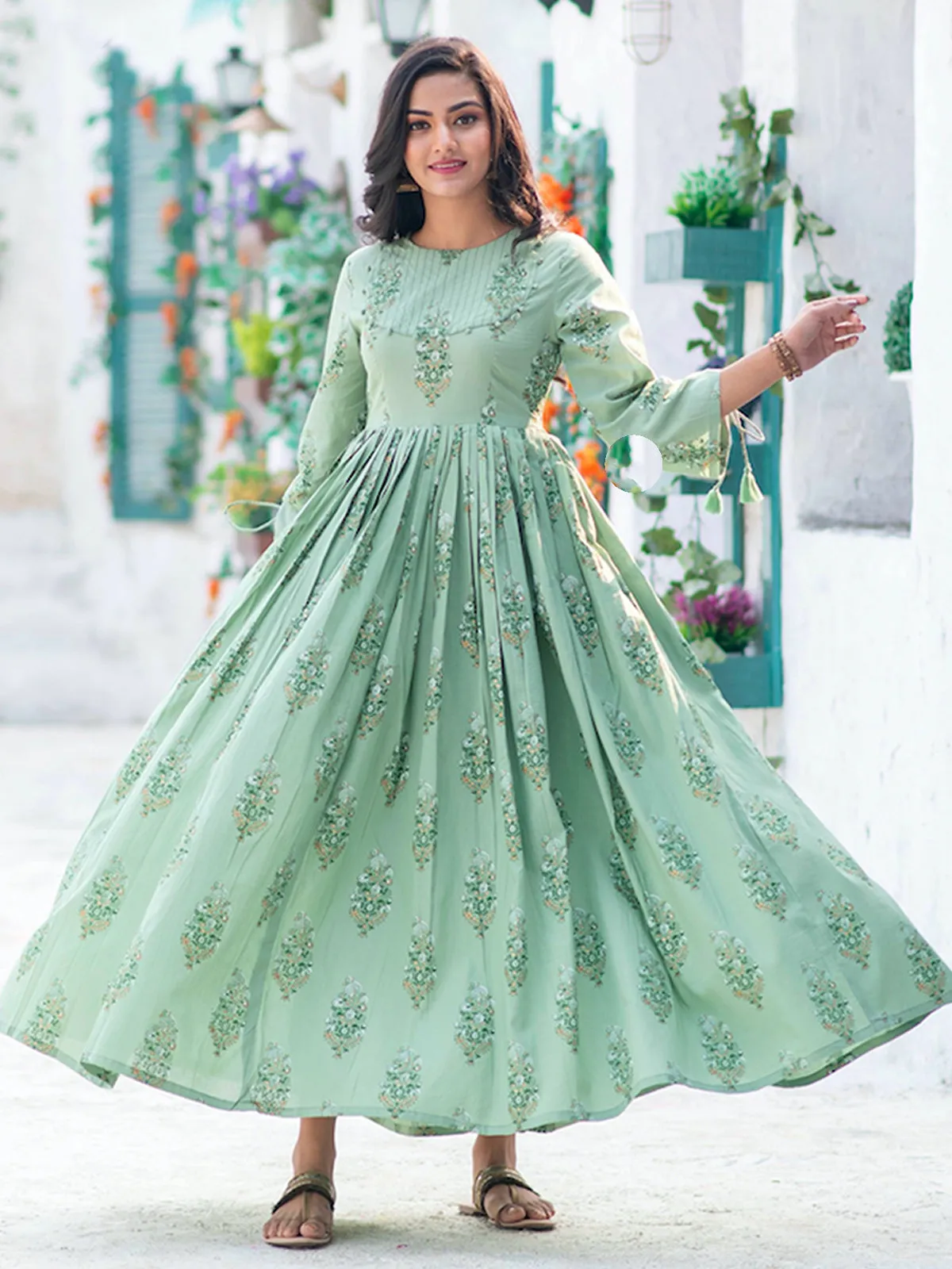 Odette Sea Green Muslin Printed Stitched Gown for Women