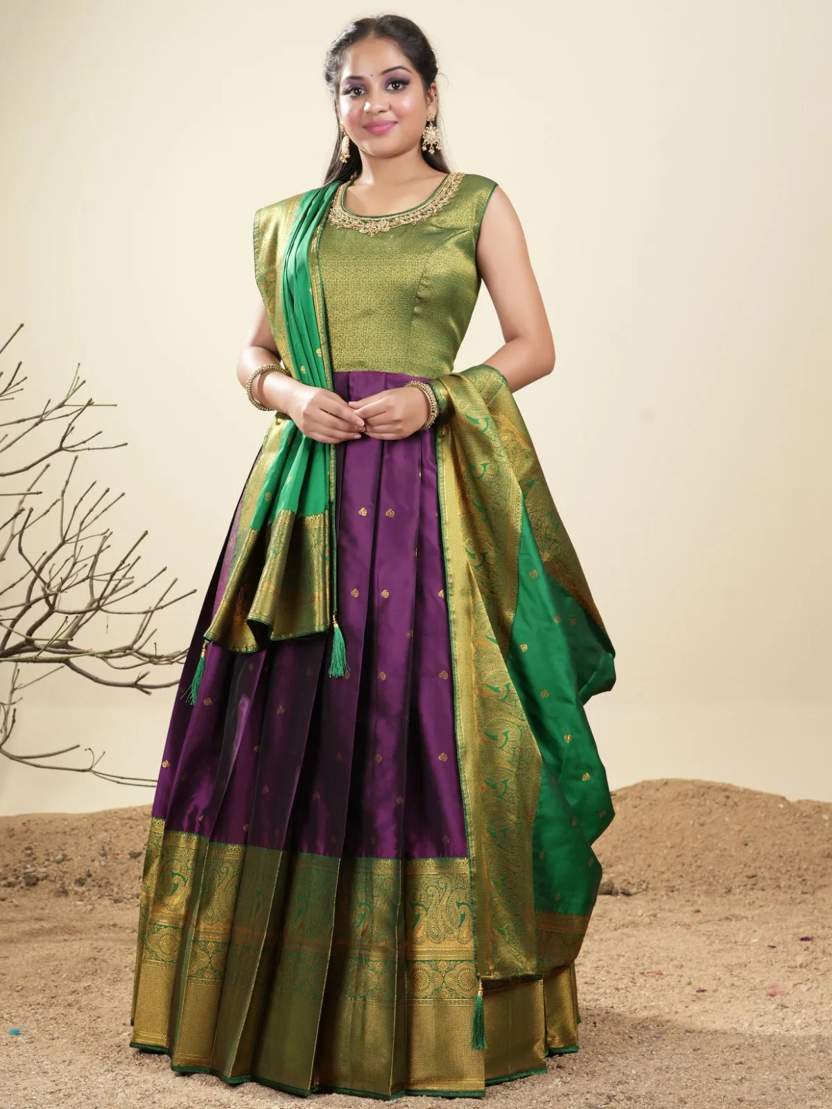 Odette Violet  Banarasi  Woven Stitched Gown  for Women