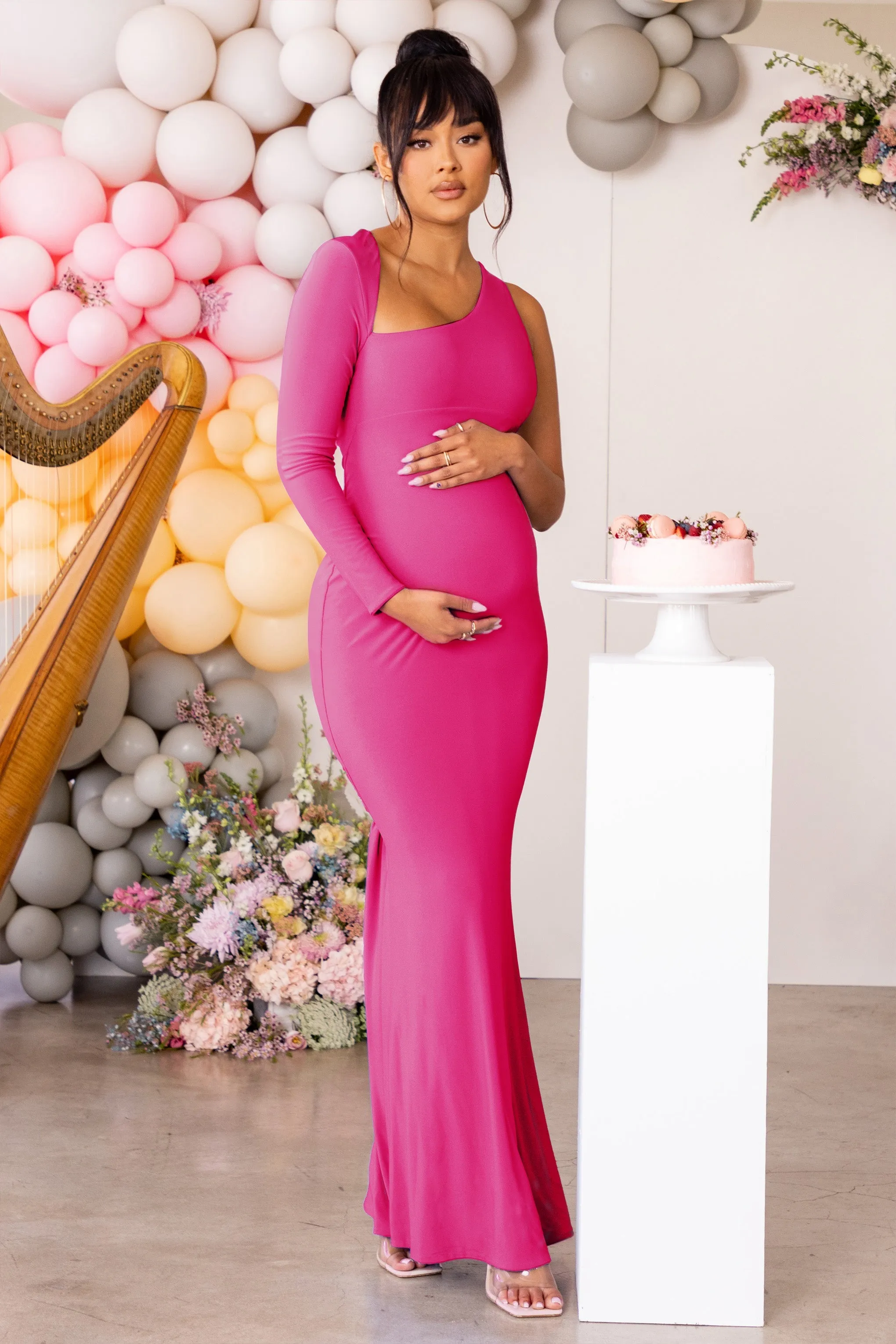 Oh Baby | Hot Pink Maternity One Shoulder Bodycon Maxi Dress