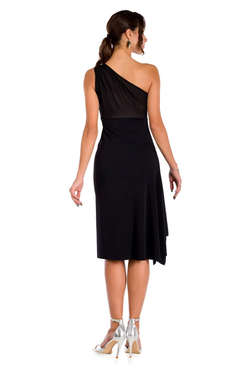 One-Shoulder Dress With Side Draping And Black Tulle Top