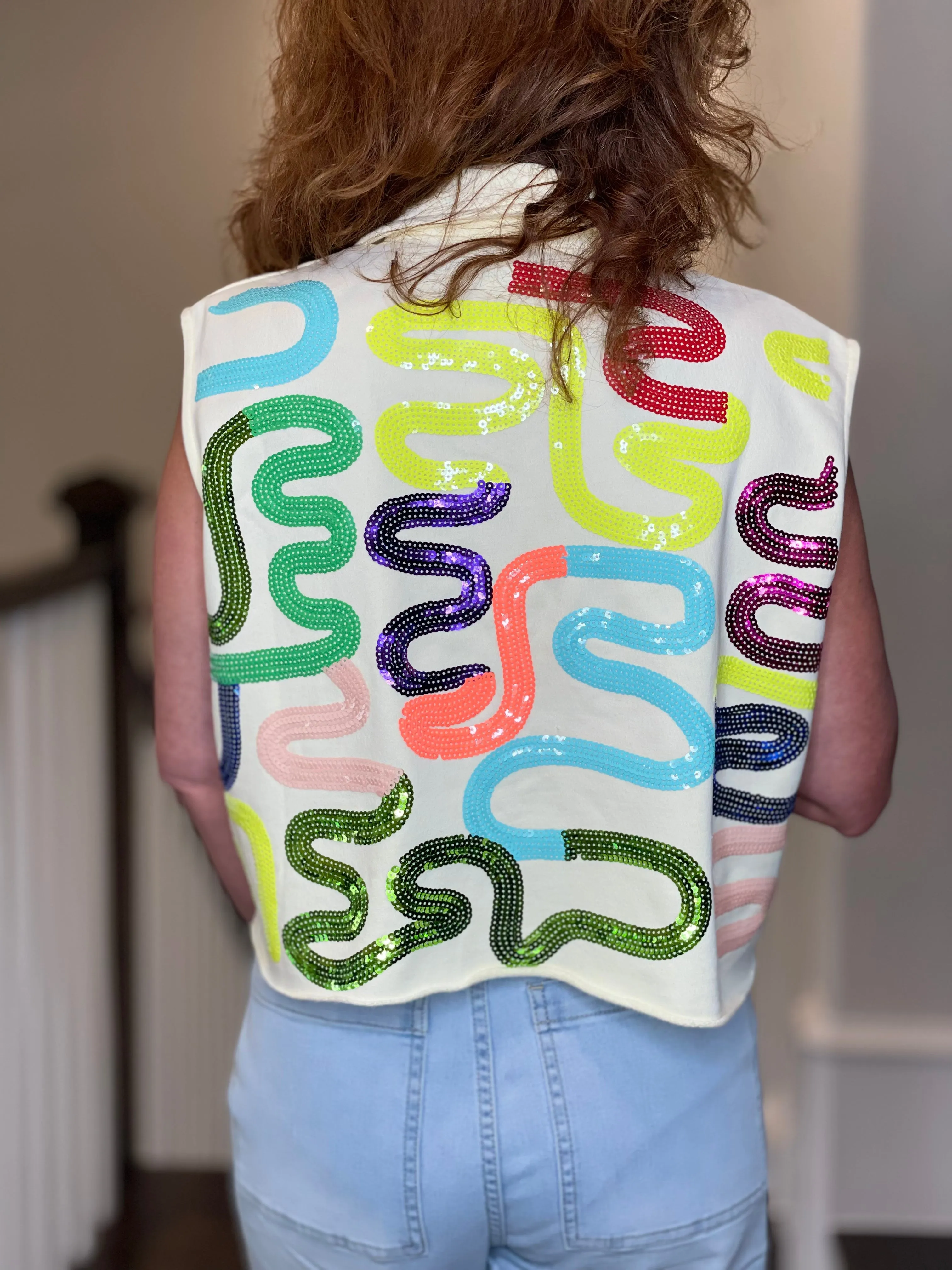 Queen of Sparkles Beige & Neon Squiggle Collar Top