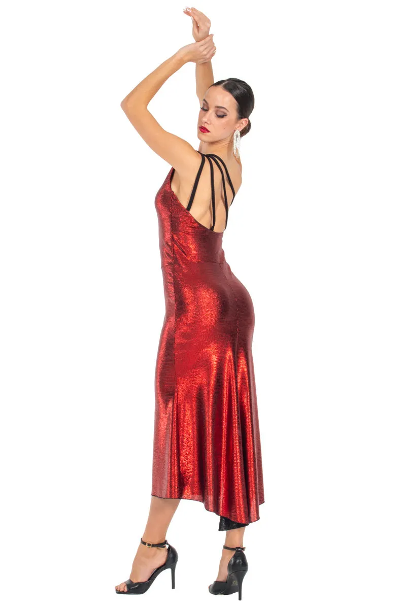 Red Metallic One-Shoulder Tango Dress With Side Slit