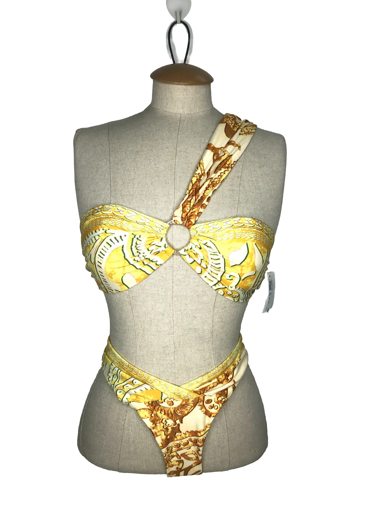 River Island Yellow Paisley Print One Shoulder Bikini UK 10