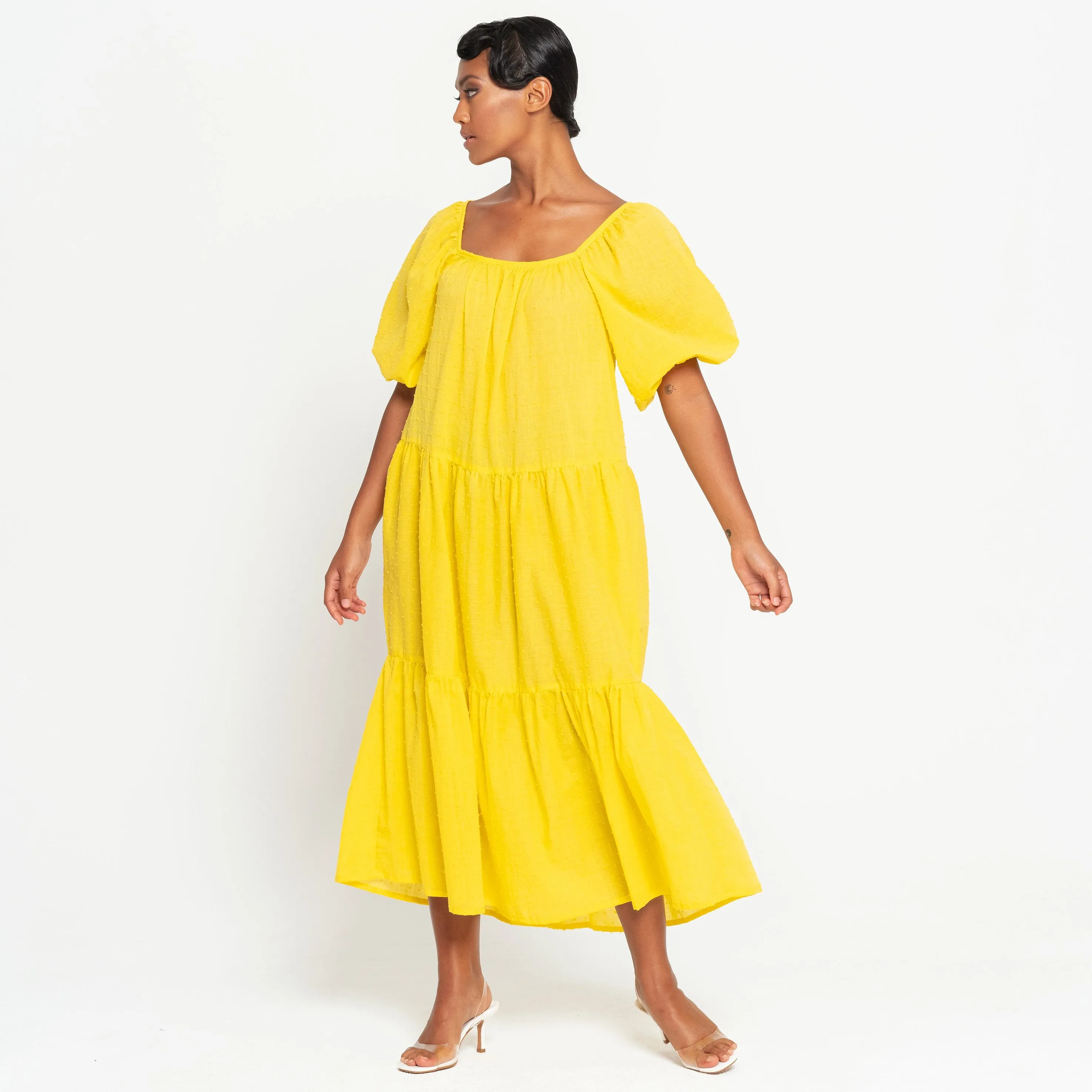 ROSEMARY Dotted Cotton Dress, in Sunflower Yellow