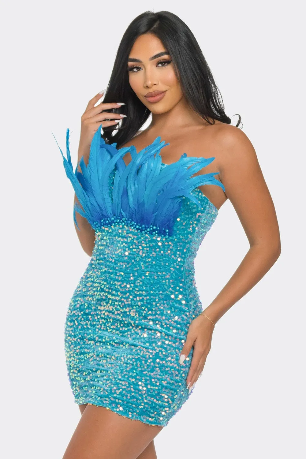 SEQUIN OFF SHOULDER W/FEATHER MINI DRESS