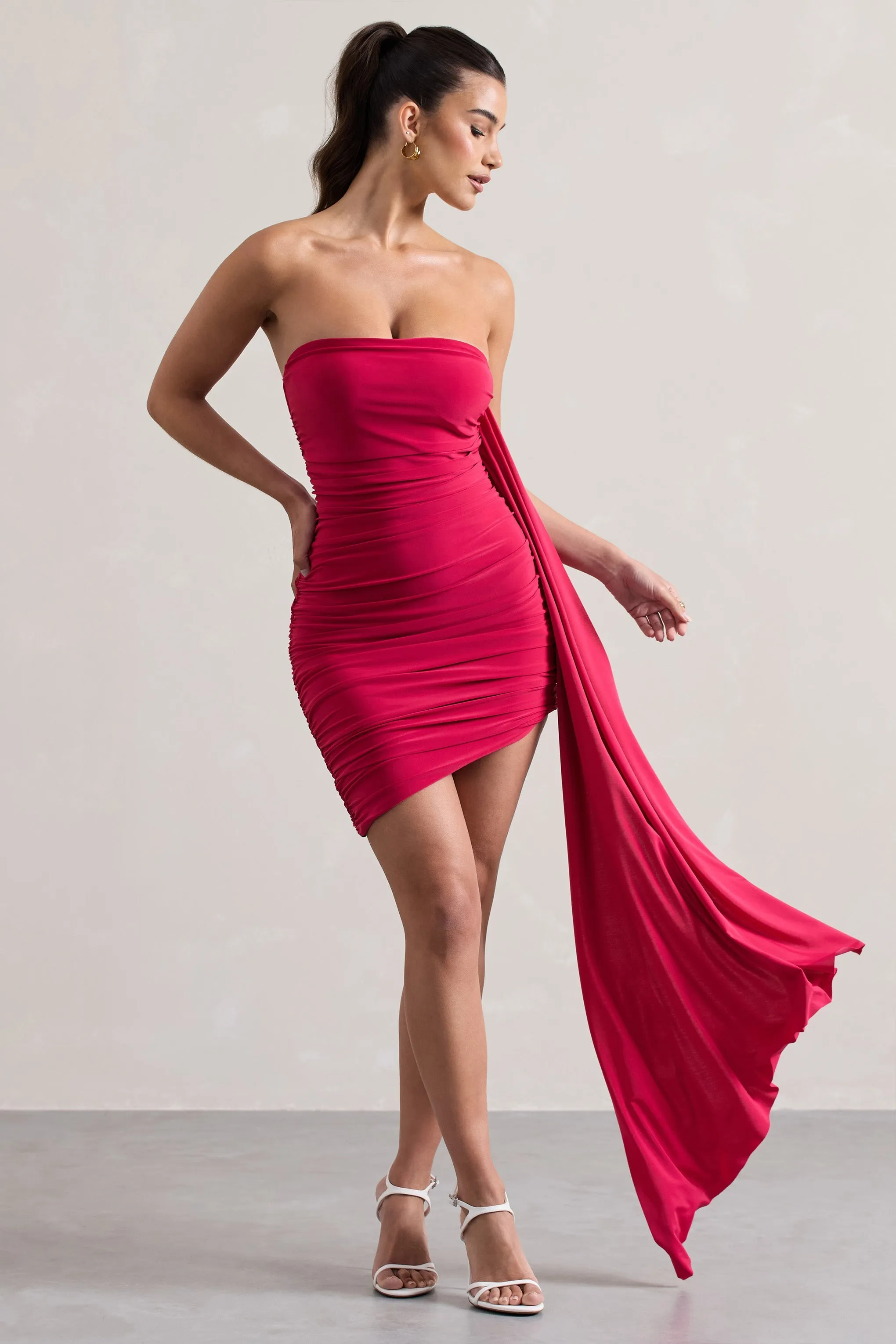 Siena | Hot Pink Ruched Asymmetric Mini Dress With Sash