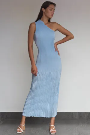 Soiree One Shoulder Ice Blue Pleated Maxi Dress