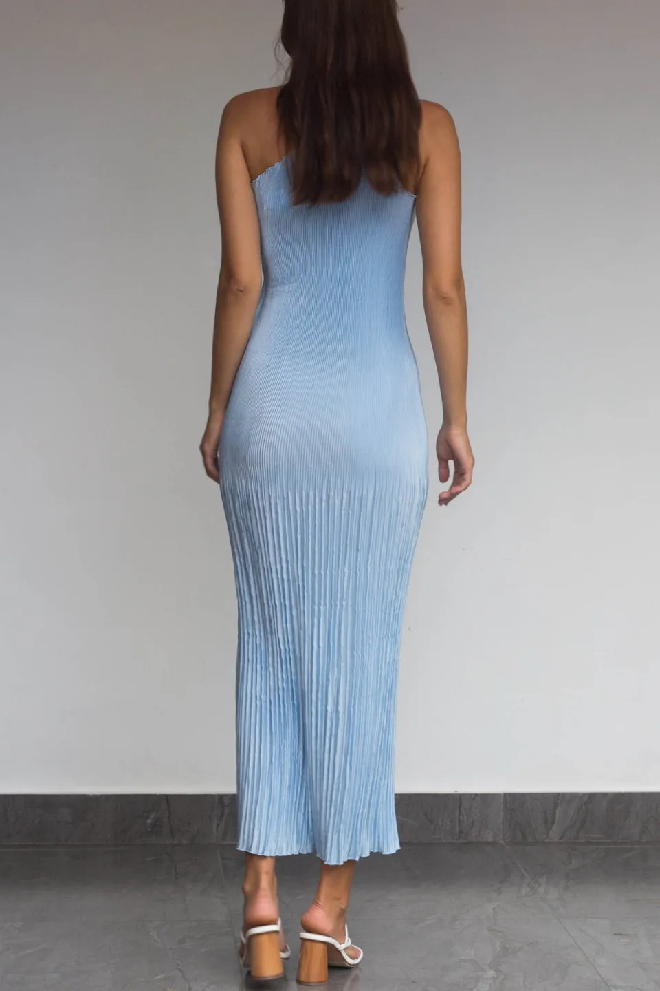 Soiree One Shoulder Ice Blue Pleated Maxi Dress