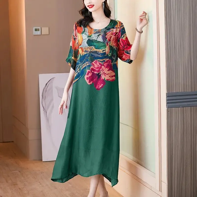 Spring and Summer Foreign Silkworm Printed Round Neck Short-Sleeved Silk Dress B-94811